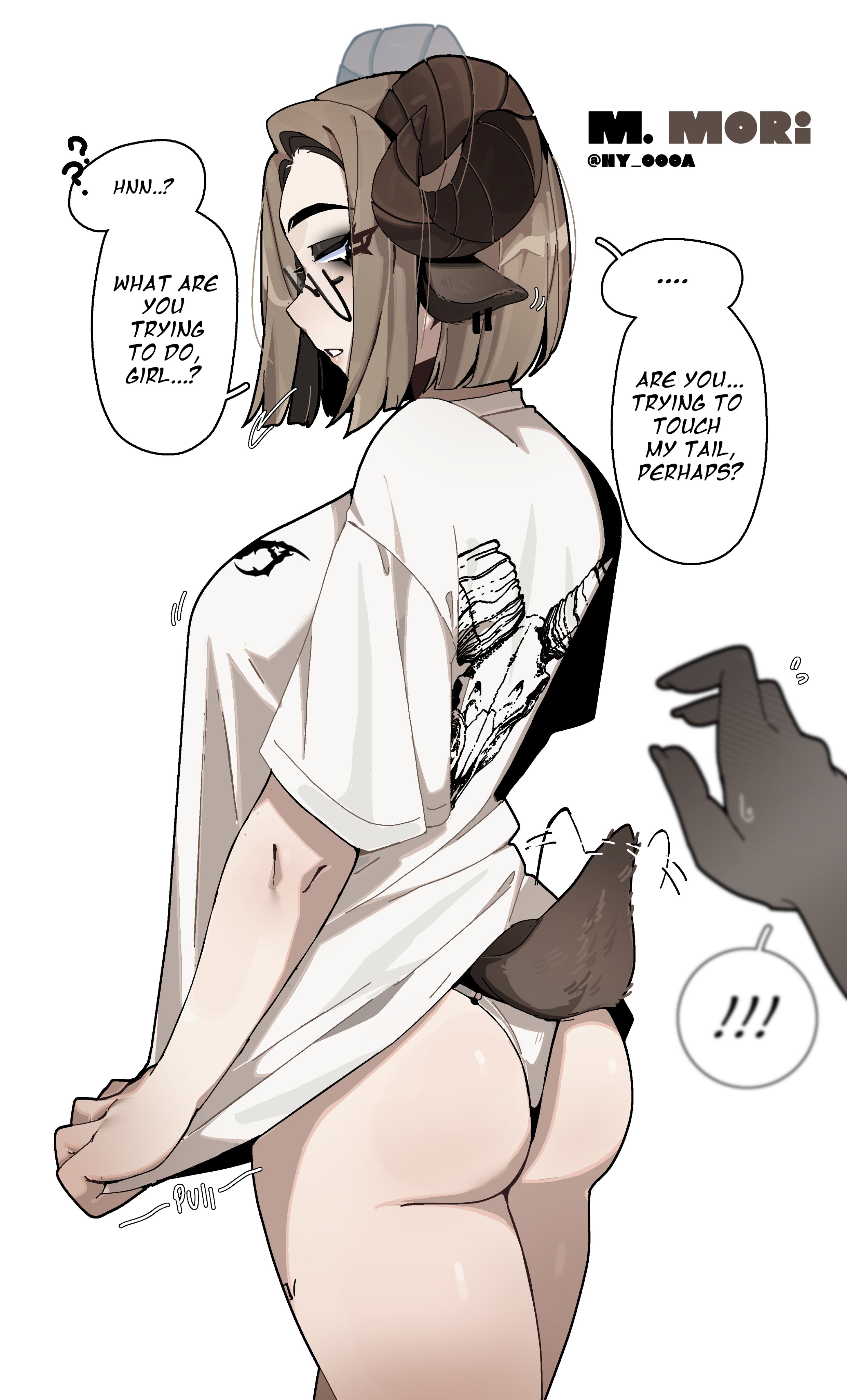 ny 000a, original, absurdres, highres, animal ears, ass, brown hair, english text, eyeshadow, goat ears, goat girl, goat horns, goat tail, horns, makeup, shirt, skull print, t-shirt, tail, tail wagging, white background