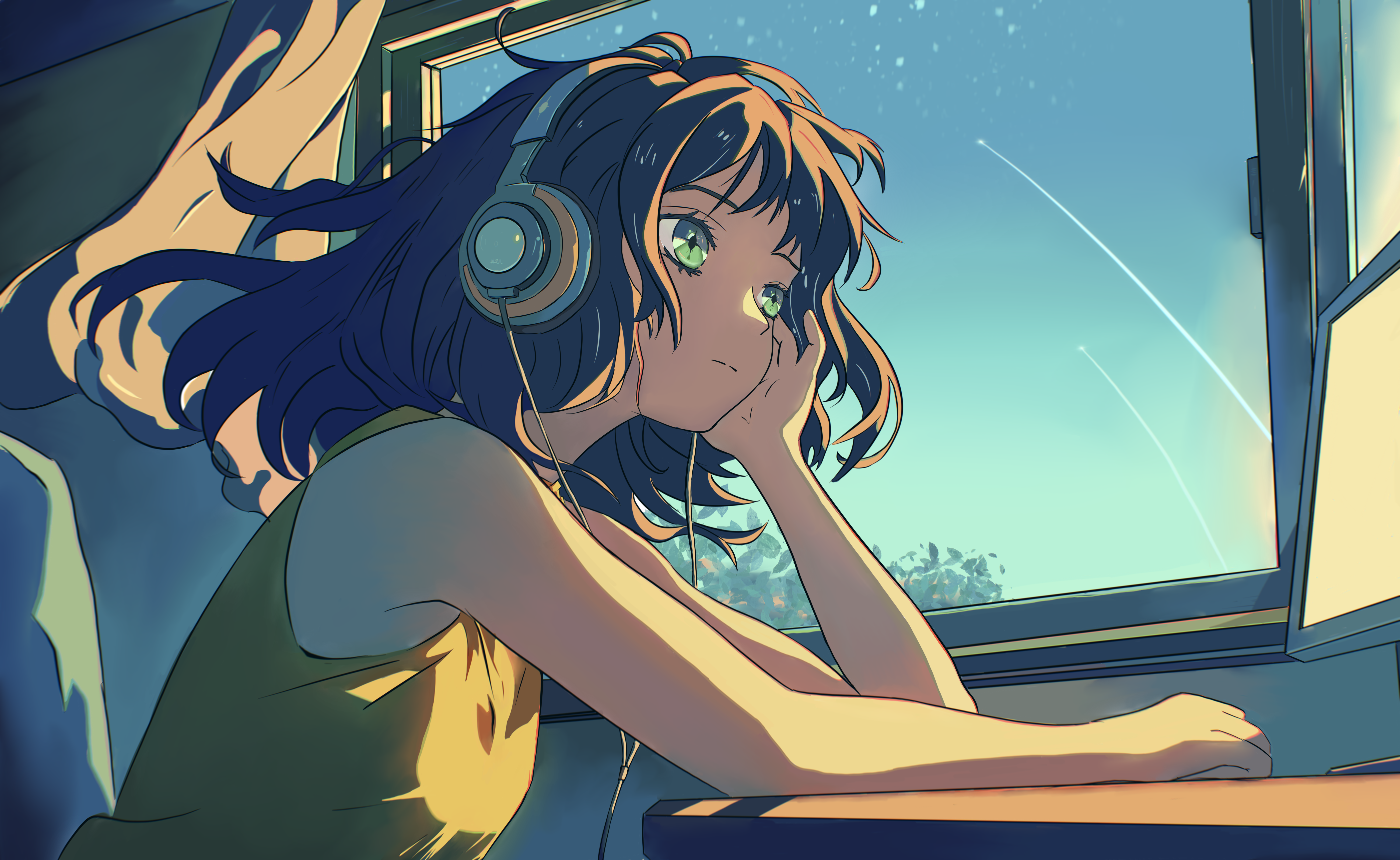 original, absurdres, highres, 1girl, bare shoulders, breasts, brown hair, cross-shaped pupils, earphones, green eyes, leaning on table, long hair, looking at screen, monitor, sitting, sky, small breasts, solo, star (sky), starry sky, symbol-shaped pupils, upper body, window, zaijian l