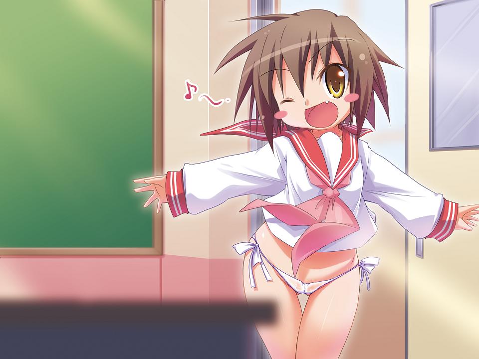 kusakabe misao, lucky star, 00s, 1girl, brown eyes, brown hair, fang, female focus, flat chest, loli, no pants, one eye closed, panties, school uniform, short hair, side-tie panties, solo, underwear, wink