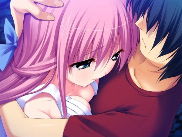 fumio (ura fmo), amamiya kurara, hoshiuta, source request, 1boy, 1girl, blue eyes, pink hair, ribbon