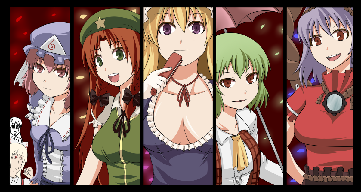 zetsumame, fujiwara no mokou, hong meiling, kazami yuuka, kochiya sanae, saigyouji yuyuko, yakumo yukari, yasaka kanako, touhou, bad id, bad pixiv id, 6+girls, :d, ascot, border, braid, breasts, cleavage, column lineup, female focus, gloves, hand fan, hat, large breasts, medium breasts, multiple girls, odd one out, open mouth, parody, plaid clothes, plaid vest, rope, shimenawa, smile, style parody, twin braids, umbrella, upper body, vest