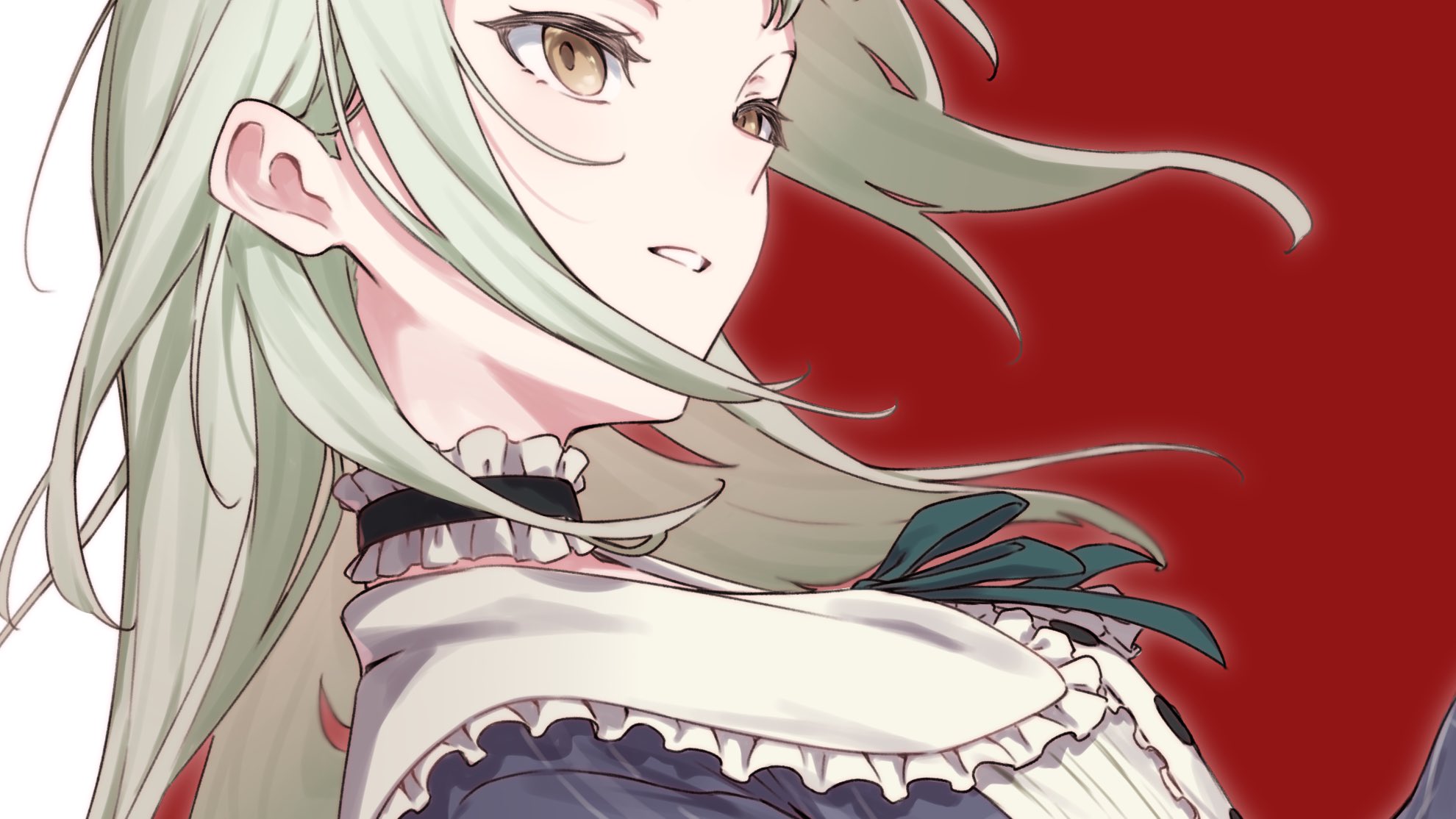 kanade (kanade 3344), wakaba mutsumi, bang dream!, bang dream! it's mygo!!!!!, highres, 1girl, black choker, choker, frilled choker, frills, green hair, long hair, open mouth, red background, sidelocks, solo, yellow eyes