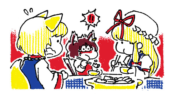 inu no efude, chen, yakumo ran, yakumo yukari, touhou, bad id, bad pixiv id, !, 3girls, animal ears, cat ears, cat girl, chibi, eating, female focus, food, fox ears, hat, multiple girls, partially colored, upper body