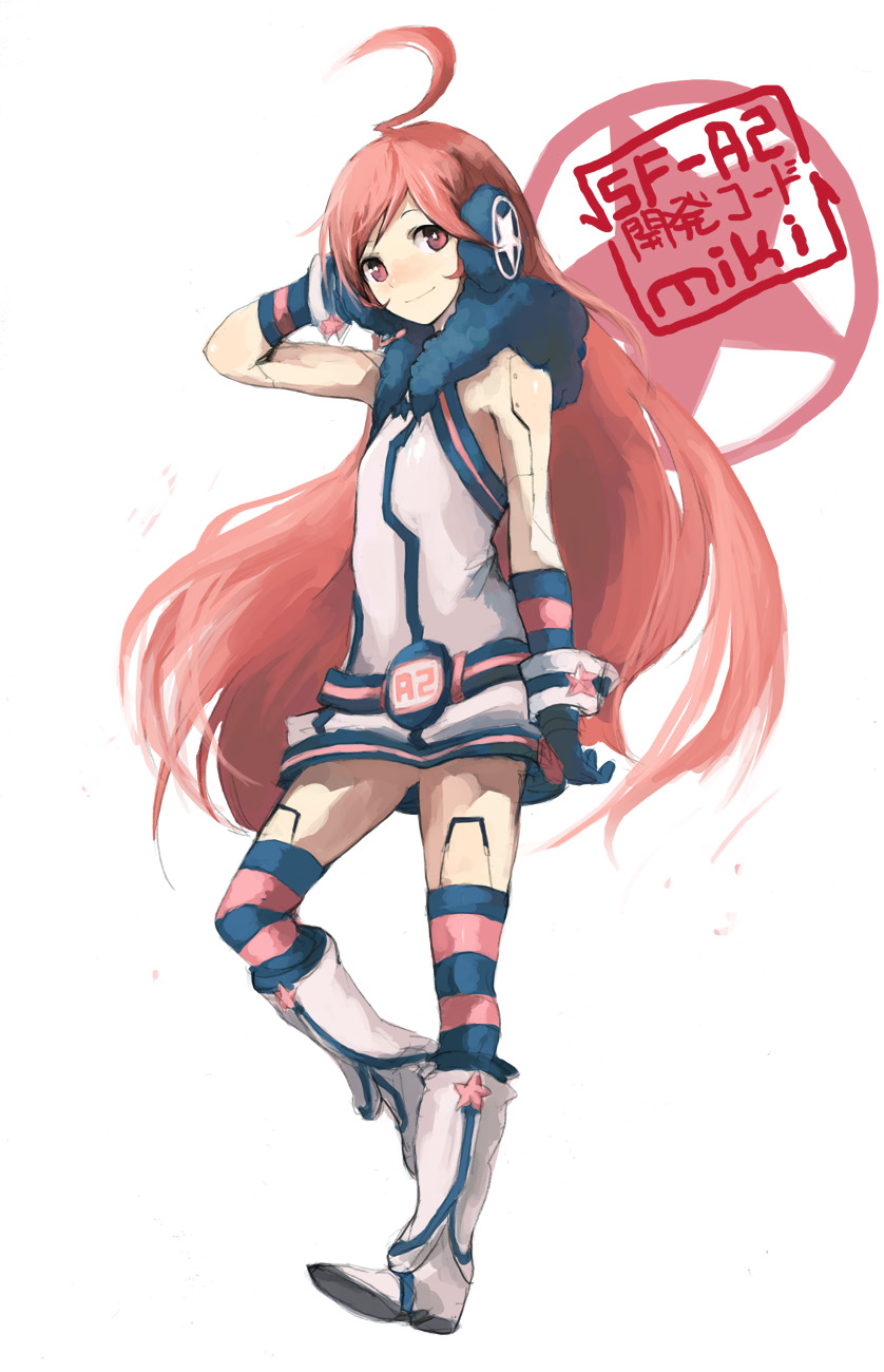 kasa (hitori sanka), sf-a2 miki, vocaloid, multicolored legwear, highres, 1girl, ahoge, belt, boots, dress, female focus, full body, gloves, headphones, headset, joints, kneehighs, long hair, red eyes, red hair, robot joints, smile, socks, solo, star (symbol), striped clothes, striped gloves, striped socks, striped thighhighs, thighhighs, very long hair, white background, wrist cuffs