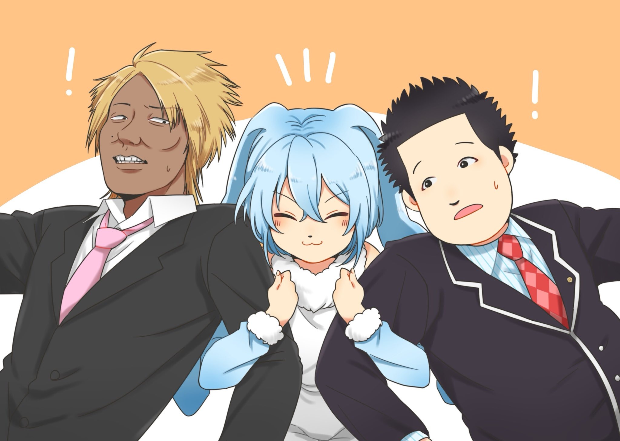 highres, !, 3boys, black hair, black suit, blonde hair, blue hair, blush, closed eyes, closed mouth, formal clothes, grabbing another's arm, half-closed eyes, hasegawa ryouta, hasegawa ryouta (unnfe), karamorokoshi, karasawa takahiro, kenma-kun, koushinism, multiple boys, notice lines, open mouth, suit, sweat, teeth