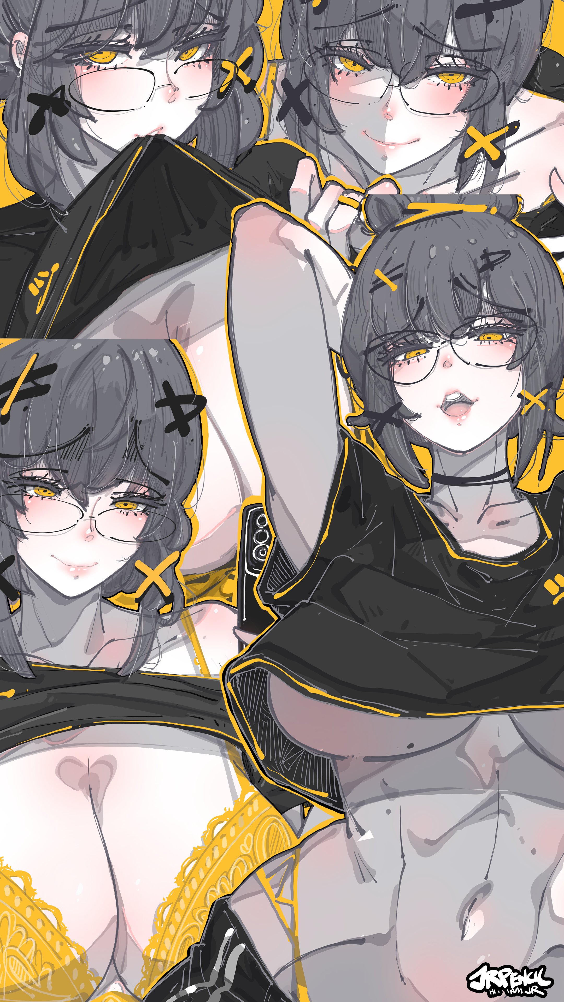 jrpencil, original, absurdres, commentary, english commentary, highres, 1girl, arms behind head, artist name, black choker, black shirt, bra, breasts, choker, cleavage, closed mouth, cropped shirt, double-parted bangs, glasses, grey hair, hair between eyes, hair ornament, large breasts, looking at viewer, mole, mole on breast, mouth hold, multiple views, navel, open mouth, raised inner eyebrows, shirt, short hair, short sleeves, simple background, smile, underwear, yellow background, yellow bra, yellow eyes