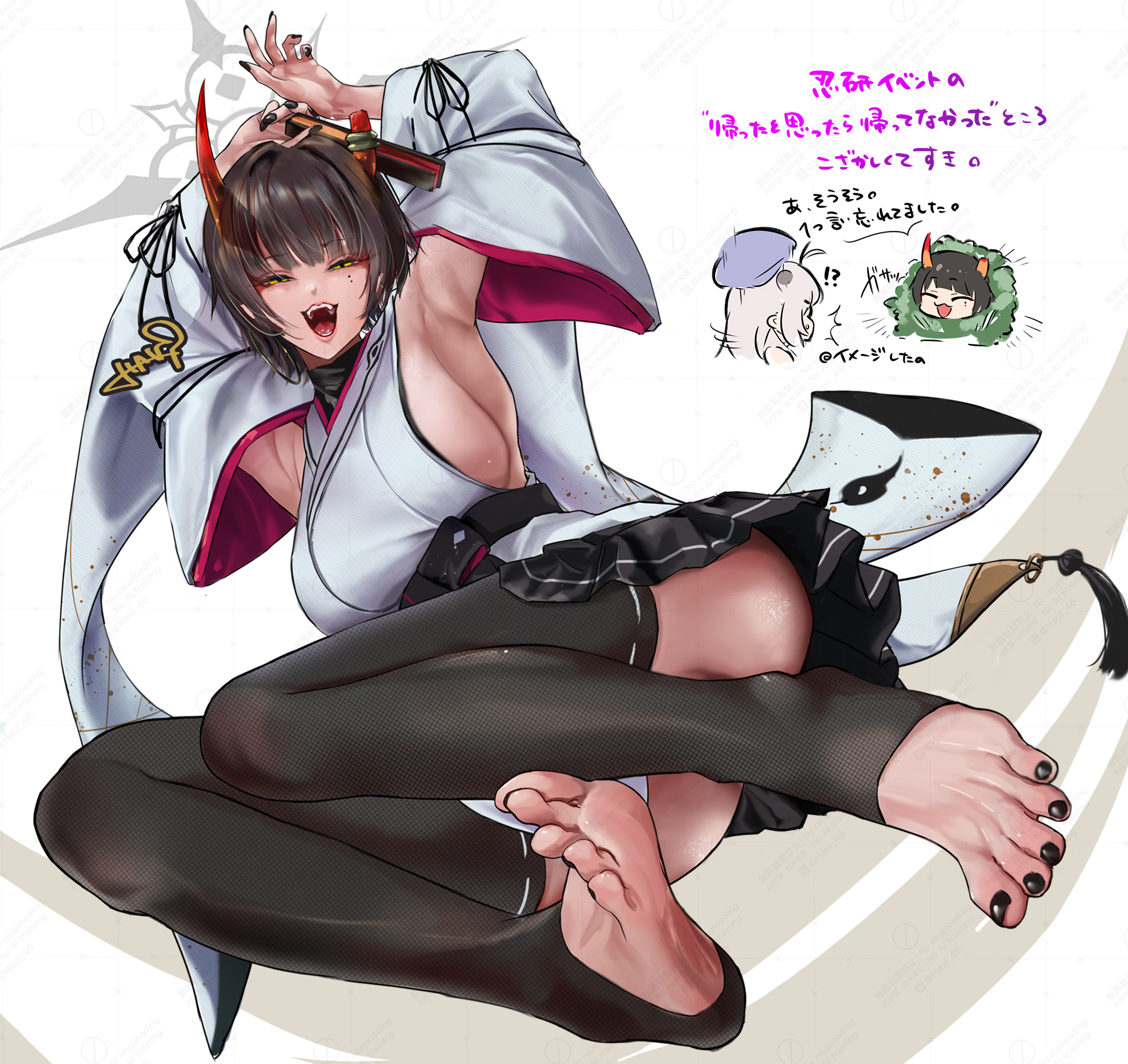 havi, michiru (blue archive), michiru (dress) (blue archive), niya (blue archive), blue archive, highres, 2girls, :d, armpits, arms up, black nails, black thighhighs, breasts, broken horn, convenient leg, detached sleeves, feet, folded fan, folding fan, foot focus, full body, green eyes, hand fan, holding, holding fan, horns, large breasts, multiple girls, nail polish, open mouth, sideboob, smile, thighhighs, toeless legwear, toenail polish, toenails