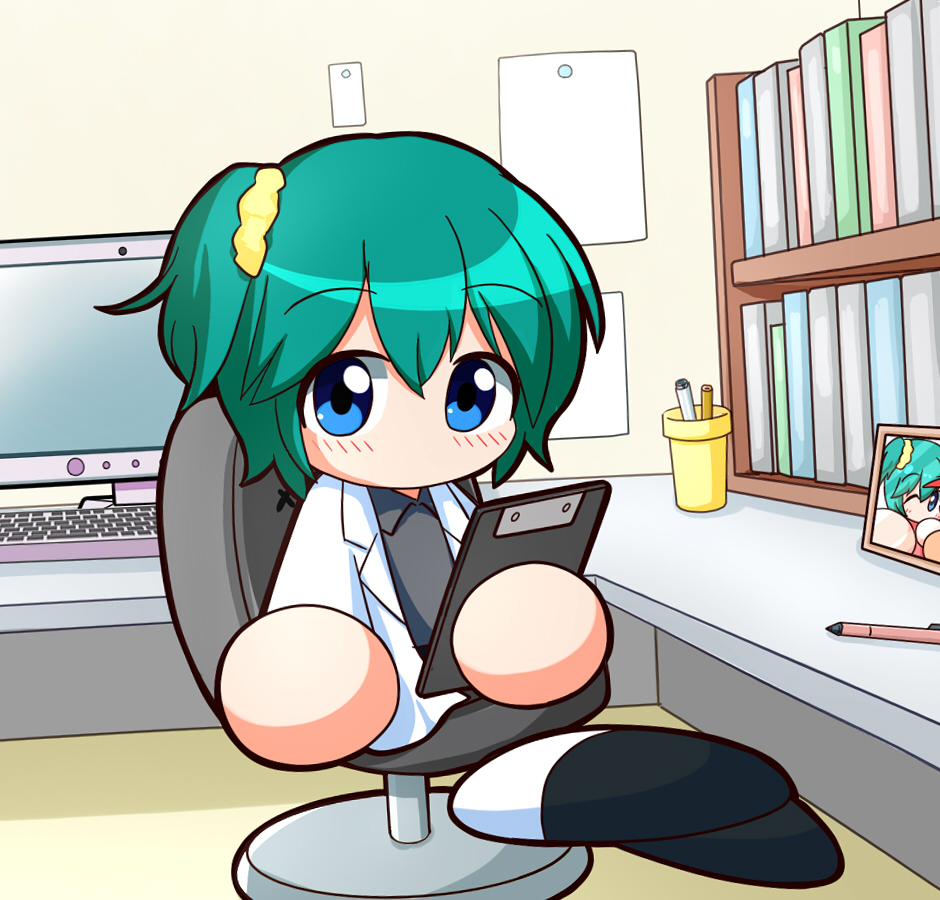 asouuuu, nanashima asami, jikkyou powerful pro yakyuu, power pro kun pocket, power pro kun pocket 13, 1girl, black shirt, black shoes, blue eyes, chair, clipboard, coat, computer, computer keyboard, desk, doctor, green hair, hair ornament, hair scrunchie, holding, holding clipboard, indoors, infirmary, jikkyou powerful pro yakyuu (style), looking at viewer, mechanical pencil, multicolored shoes, no mouth, office chair, on chair, one side up, open clothes, open coat, pencil, photo (object), rayman limbs, scrunchie, shirt, shoes, short hair, sitting, solo, swivel chair, two-tone shoes, white coat, white shoes
