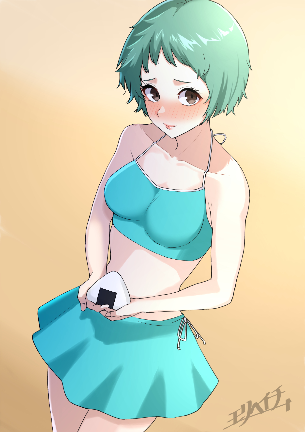 mori heichi, yamagishi fuuka, persona, persona 3, highres, 1girl, aqua bikini, aqua hair, bare shoulders, bikini, bikini under skirt, blush, breasts, brown background, brown eyes, food, gradient background, holding, holding food, looking at viewer, nervous, onigiri, short hair, signature, small breasts, solo, swimsuit, very short hair, white background