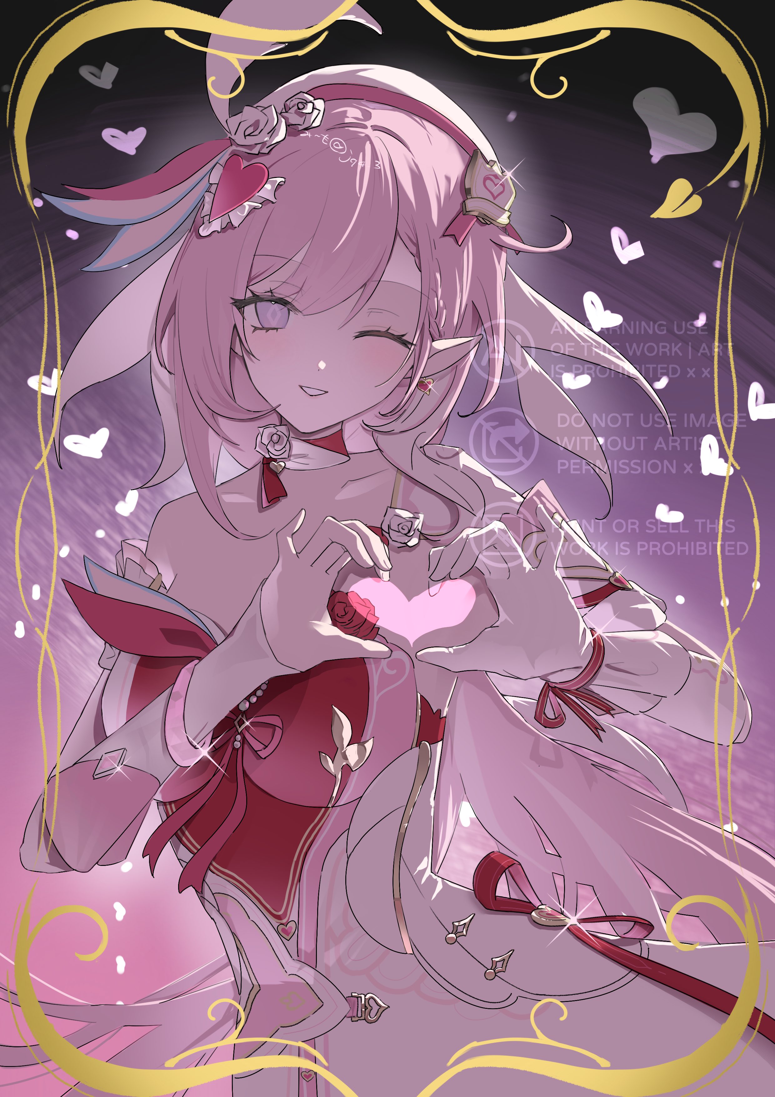 elysia (hi love elf) (honkai impact), elysia (honkai impact), honkai (series), honkai impact 3rd, absurdres, commentary, highres, unfinished, 1girl, ;), beret, breasts, dress, earrings, elf, gloves, hat, heart, heart earrings, heart hands, jewelry, jq4 3, large breasts, long hair, looking at viewer, multicolored hair, one eye closed, pink hair, pointy ears, purple eyes, red dress, single glove, smile, solo, two-tone dress, two-tone hair, very long hair, white dress, white gloves, white hair