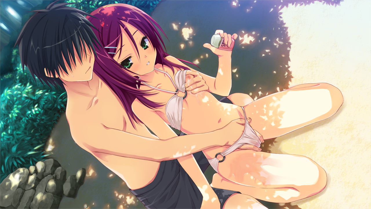 kobuichi, muririn, chitose haruki, karasuba yukari, tenshinranman, hand in panties, game cg, 1boy, 1girl, bare shoulders, barefoot, bikini, bikini top lift, black hair, blush, bottle, breasts, clothes lift, collarbone, dutch angle, fingering, flat chest, from behind, grabbing another's breast, green eyes, groping, hair between eyes, hair ornament, hairclip, halterneck, hetero, holding, kneeling, legs, long hair, looking at viewer, lotion, navel, nipples, o-ring, o-ring bottom, o-ring top, outdoors, panties, parted lips, reach-around, red hair, rock, sand, shade, shy, sweat, swimsuit, teacher and student, thighs, topless male, underwear, white bikini