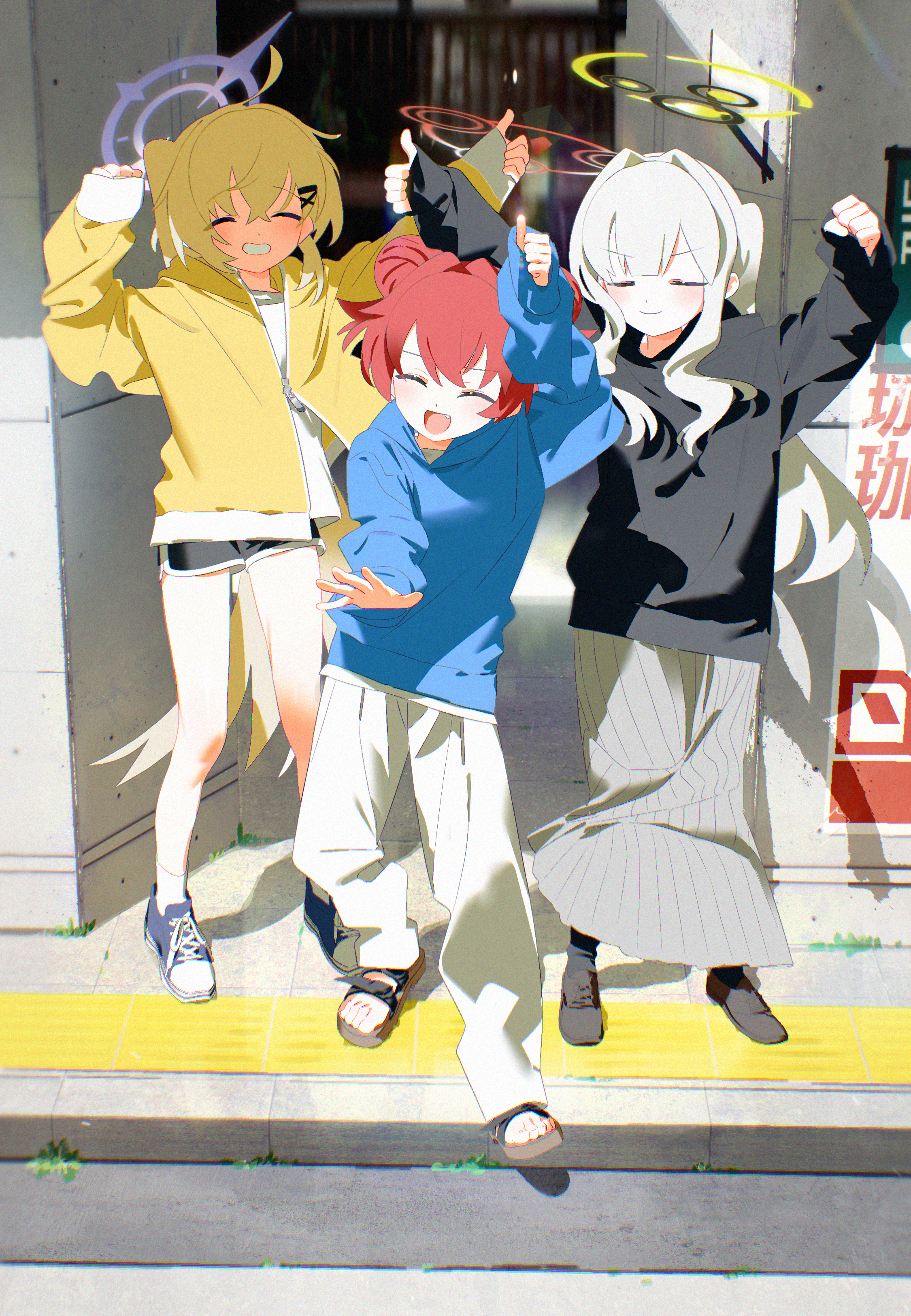 bm tol, hare (blue archive), kotama (blue archive), maki (blue archive), blue archive, absurdres, commentary, highres, 3girls, ^ ^, ahoge, arms up, bare legs, black hoodie, black shorts, blue hoodie, closed eyes, dolphin shorts, facing viewer, fang, full body, grey pants, grey skirt, halo, hood, hoodie, jacket, long skirt, multiple girls, pants, pleated skirt, sandals, short shorts, shorts, skirt, thumbs up, veritas (blue archive), yellow jacket