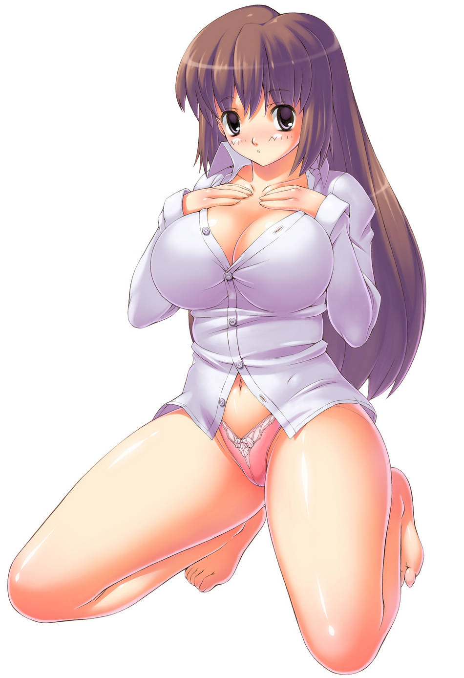 artist request, character request, highres, source request, blush, breasts, cleavage, panties, squatting, underwear