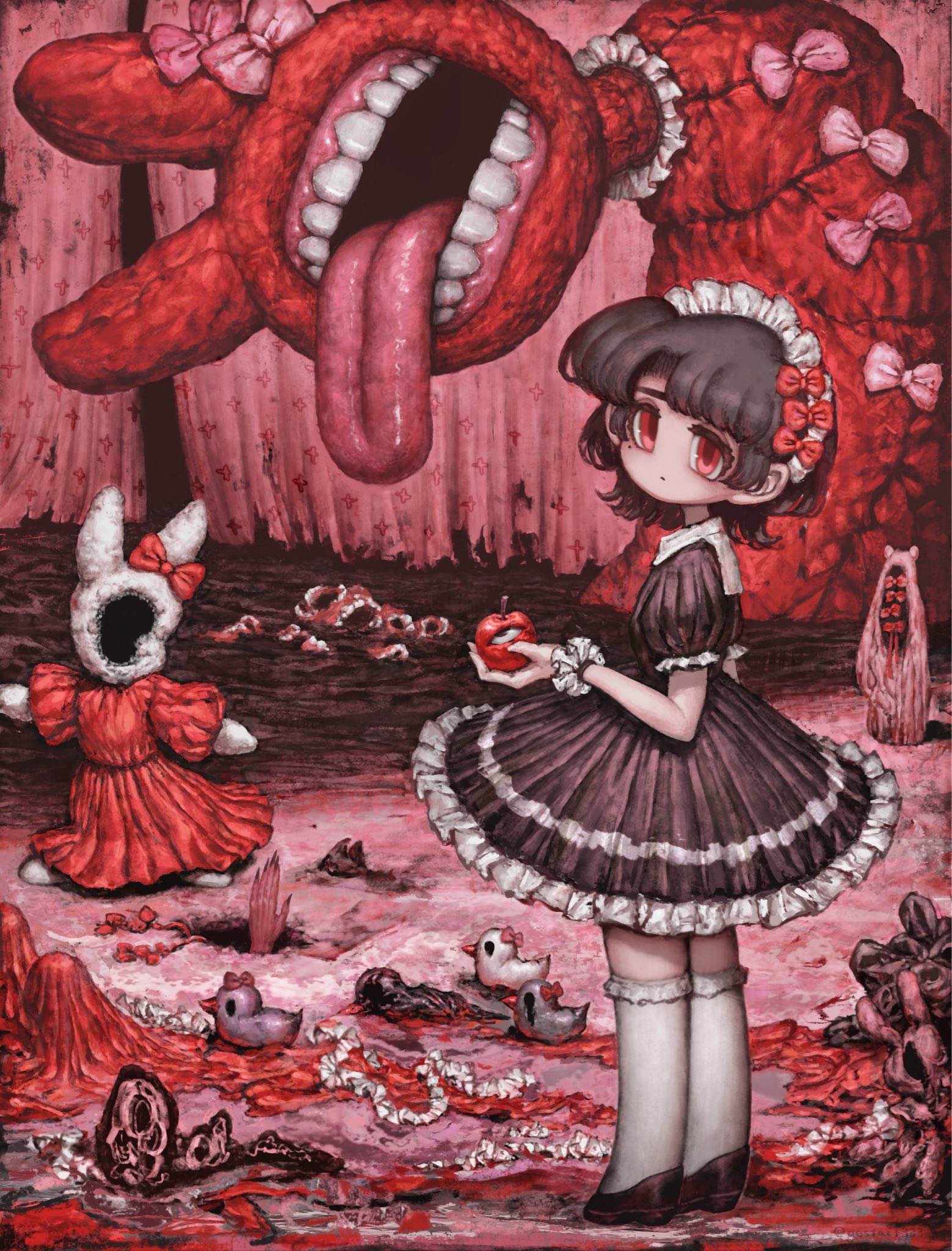 gestart333, original, highres, 1girl, bird, black dress, black hair, black shoes, bow, closed mouth, dress, duck, expressionless, food, frilled dress, frilled sleeves, frilled socks, frills, fruit, full body, gothic lolita, hair bow, holding, holding food, holding fruit, horror (theme), kneehighs, lolita fashion, looking at viewer, maid headdress, mole, mole under eye, puffy short sleeves, puffy sleeves, rabbit, red bow, shoes, short hair, short sleeves, socks, standing, teeth, tongue, tongue out, wrist cuffs