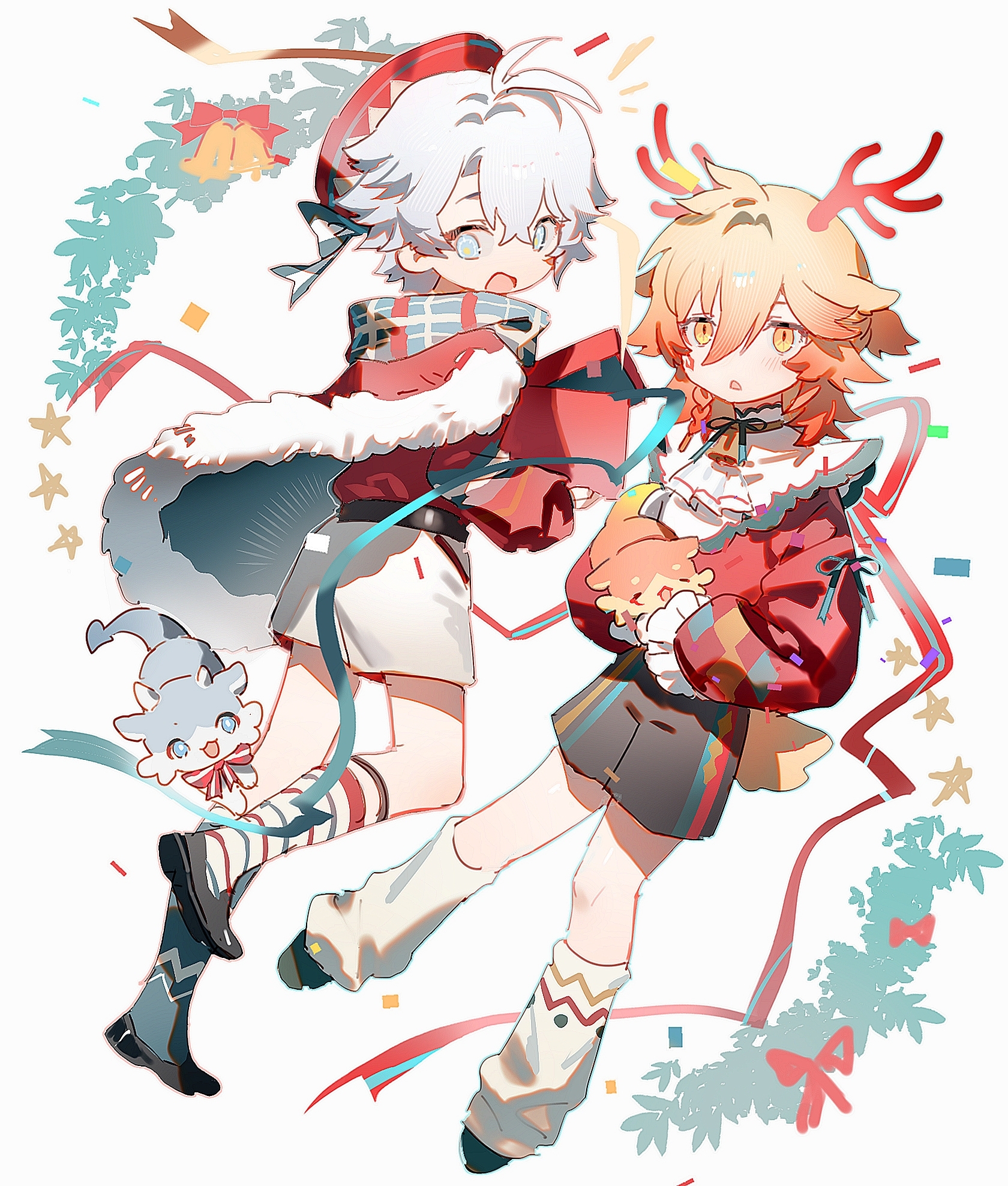 suirandanshihao, chimera (honkai: star rail), mydei (fig stew) (honkai: star rail), mydei (honkai: star rail), phainon (honkai: star rail), phainon (vigethos) (honkai: star rail), honkai: star rail, honkai (series), commentary, highres, symbol-only commentary, 2boys, alternate costume, animal ears, antenna hair, belt, black belt, black choker, black shoes, black shorts, blonde hair, blue eyes, braid, choker, coat, deer ears, deer girl, deer tail, facial tattoo, fur-trimmed coat, fur trim, gradient hair, hat, loose socks, male focus, medium hair, multicolored hair, multiple boys, parted bangs, ponytail, red coat, red hair, red hat, red shirt, red tattoo, shirt, shoes, short hair, shorts, side braid, socks, tail, tattoo, white hair, white shorts, yellow eyes