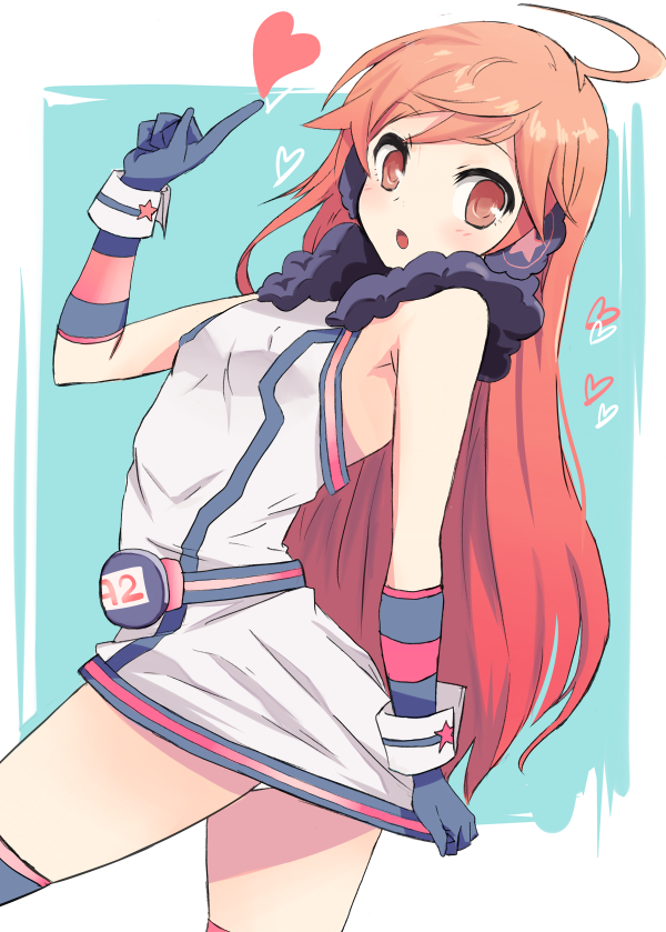 hyakuen raitaa, sf-a2 miki, vocaloid, bad id, bad pixiv id, 1girl, ahoge, armpits, belt, blush, dress, female focus, flat chest, gloves, headphones, heart, kneehighs, red eyes, red hair, skirt, socks, solo, star (symbol), striped clothes, striped gloves, striped socks, striped thighhighs, thighhighs, upskirt, wrist cuffs