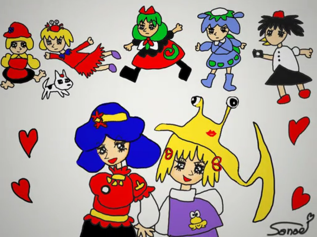 kams, aki minoriko, aki shizuha, kagiyama hina, kawashiro nitori, moriya suwako, shameimaru aya, yasaka kanako, touhou, blonde hair, boots, bow, crab, dog, frog, green hair, hair bow, hat, heart, poorly drawn, short hair