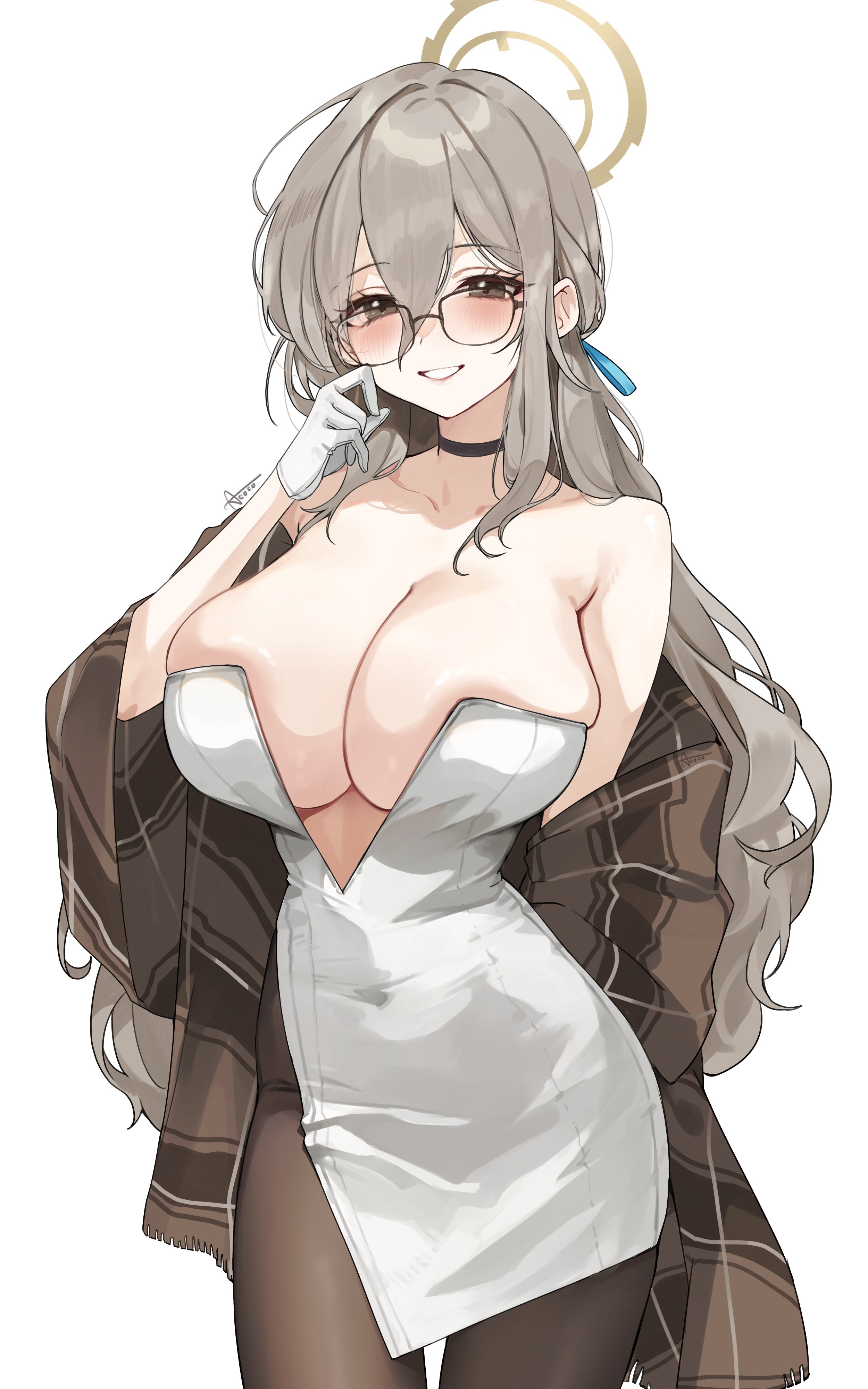 alracoco, akane (blue archive), blue archive, absurdres, highres, 1girl, alternate costume, black-framed eyewear, black choker, black pantyhose, breasts, brown hair, brown halo, brown shawl, choker, cleavage, collarbone, covered navel, cowboy shot, dress, glasses, gloves, hair between eyes, halo, hand up, large breasts, long hair, looking at viewer, pantyhose, plaid clothes, plaid shawl, shawl, smile, solo, white dress, white gloves