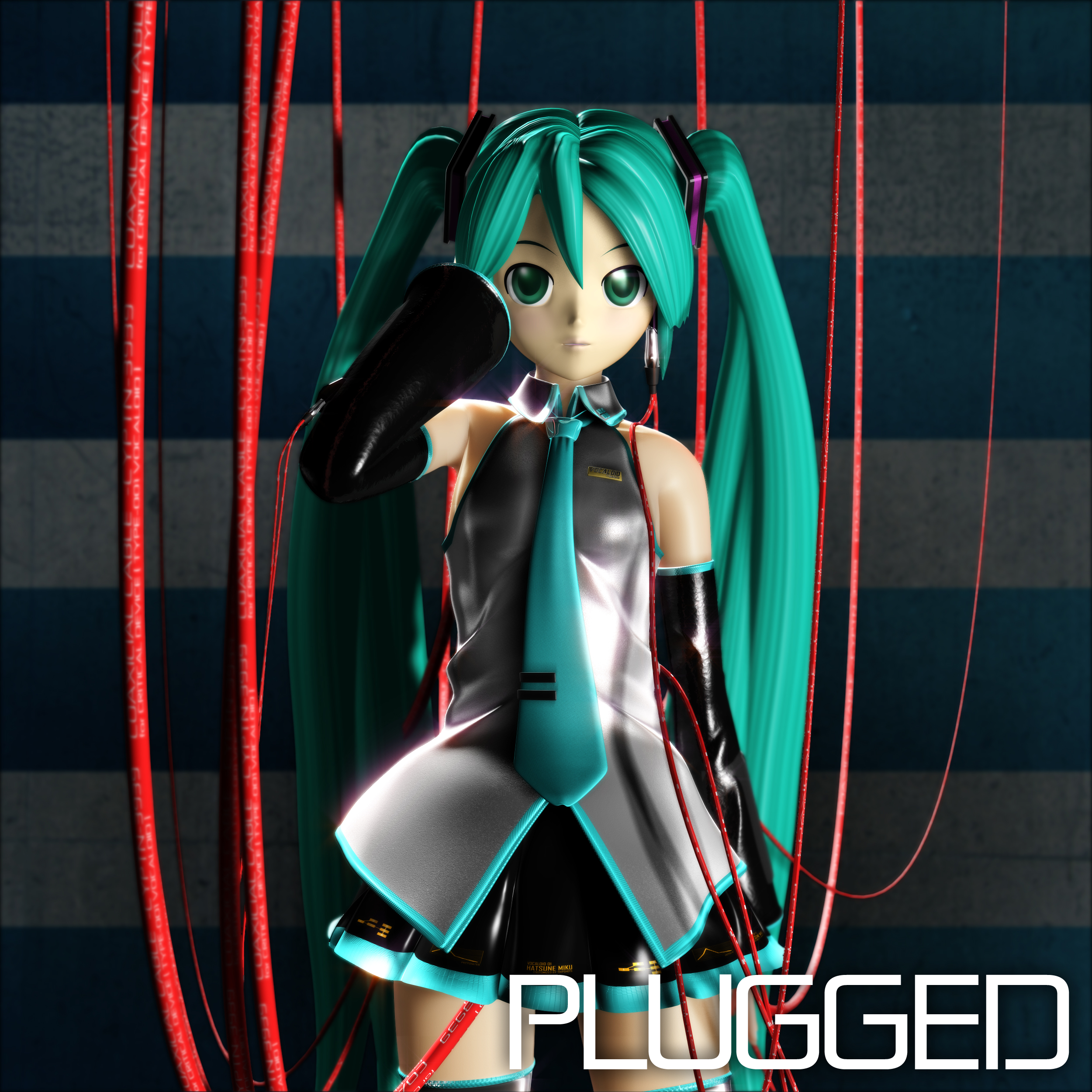 tripshots, hatsune miku, vocaloid, absurdres, highres, 1girl, 3d, cable, detached sleeves, female focus, green eyes, green hair, long hair, matching hair/eyes, miniskirt, necktie, shiny clothes, skirt, solo, standing, twintails, very long hair