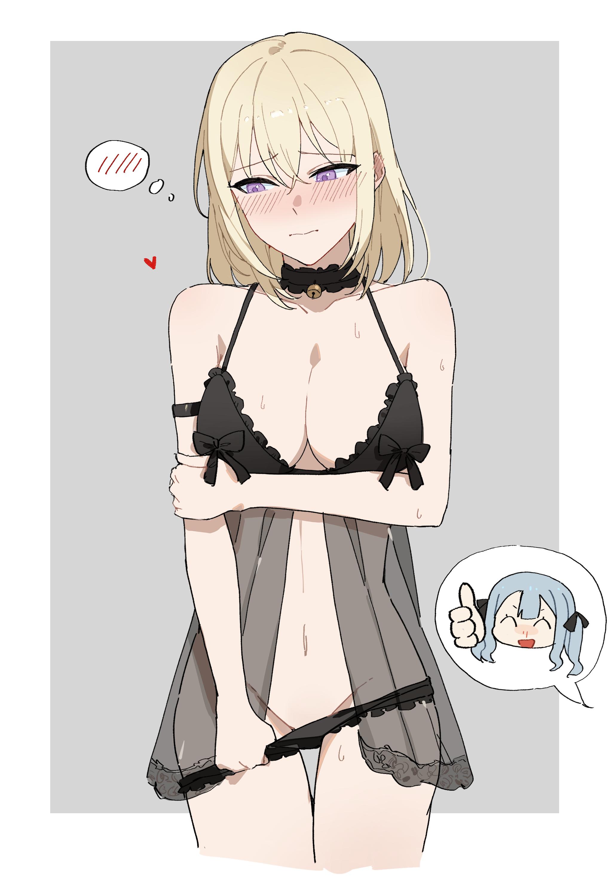haizou bingsan, misumi uika, togawa sakiko, bang dream!, bang dream! it's mygo!!!!!, absurdres, chinese commentary, commentary request, highres, 2girls, armlet, black bra, black choker, black panties, blonde hair, blush, bra, breasts, choker, closed mouth, ear blush, embarrassed, grey background, implied yuri, jewelry, large breasts, lingerie, medium hair, multiple girls, navel, negligee, panties, panty pull, purple eyes, simple background, stomach, sweat, thumbs up, underwear