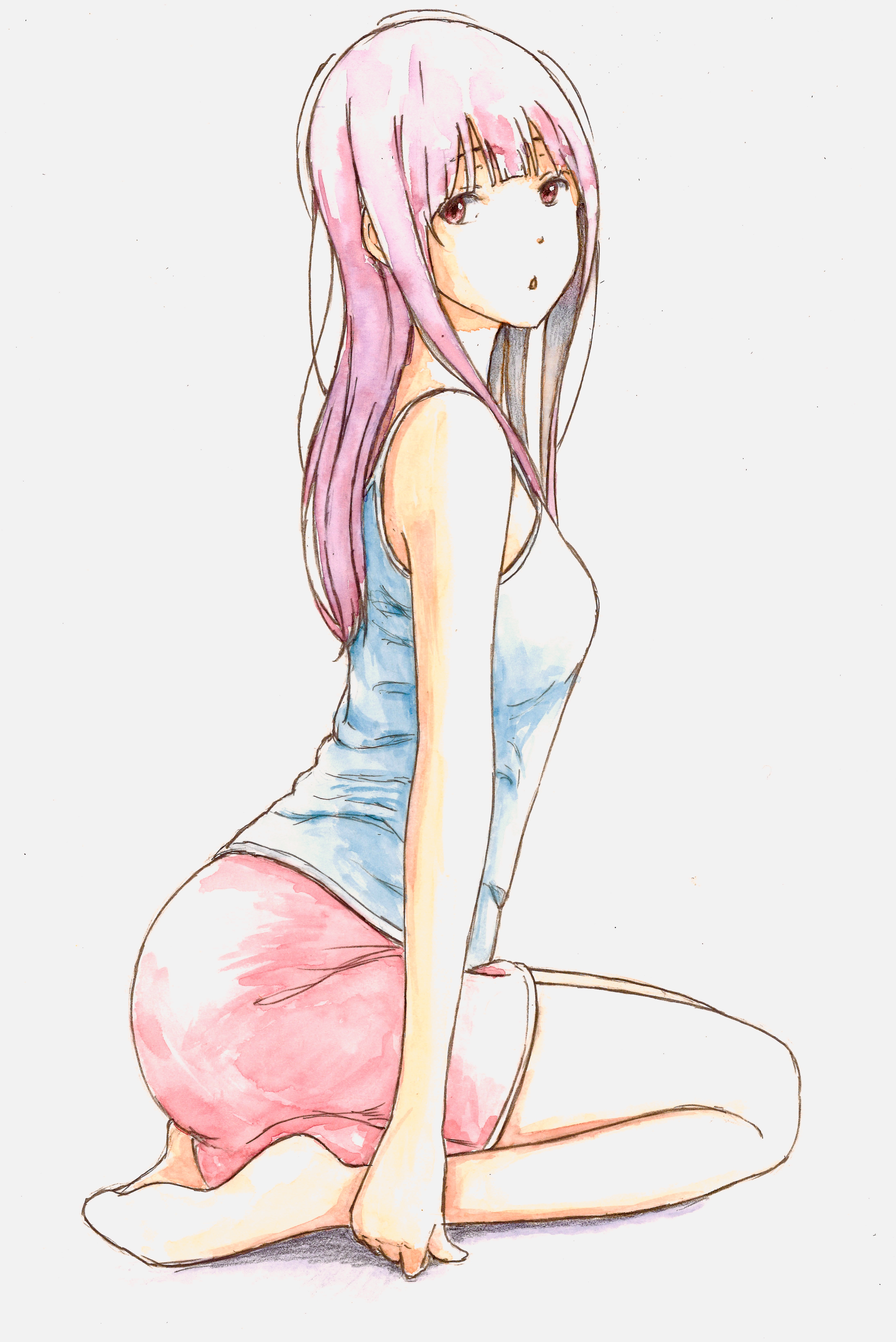 bbmasa, yoroizuka mizore, hibike! euphonium, liz to aoi tori, absurdres, commentary request, highres, traditional media, 1girl, :o, alternate costume, ass, bare shoulders, barefoot, blue background, blue camisole, blunt bangs, camisole, from side, full body, gradient background, long hair, looking at viewer, purple hair, red eyes, red shorts, seiza, shorts, sitting, solo