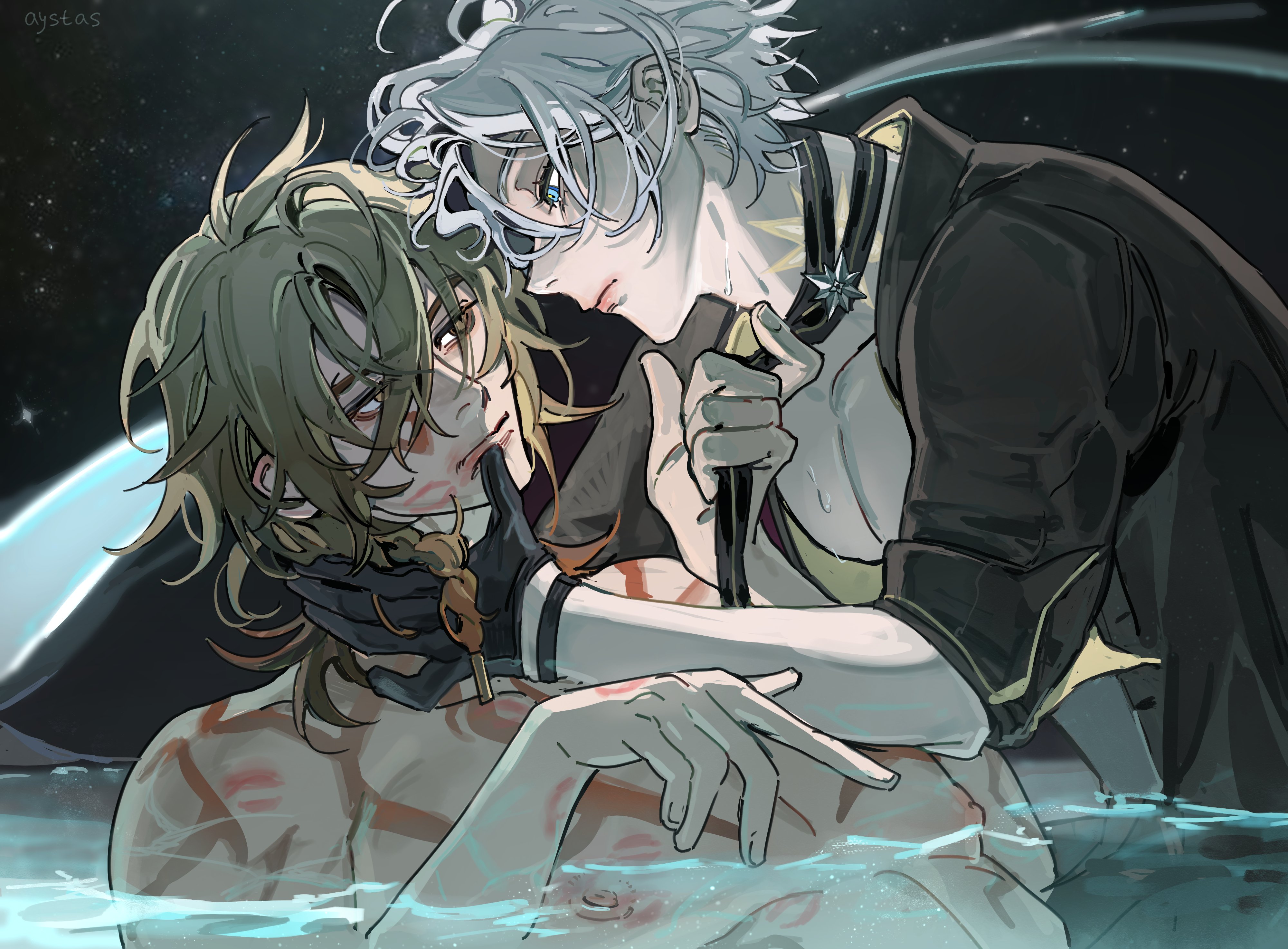 mydei (honkai: star rail), phainon (fashion) (honkai: star rail), phainon (honkai: star rail), honkai: star rail, honkai (series), absurdres, hashtag-only commentary, highres, 2boys, antenna hair, arm tattoo, aystas, black choker, black necktie, black shirt, blonde hair, blue eyes, braid, chest tattoo, choker, facial tattoo, gradient hair, male focus, medium hair, multicolored hair, multiple boys, neck tattoo, necktie, official alternate costume, parted bangs, partially submerged, partially unbuttoned, red hair, red tattoo, shirt, short hair, side braid, sun symbol, sun tattoo, tan, tattoo, white hair, yaoi, yellow eyes