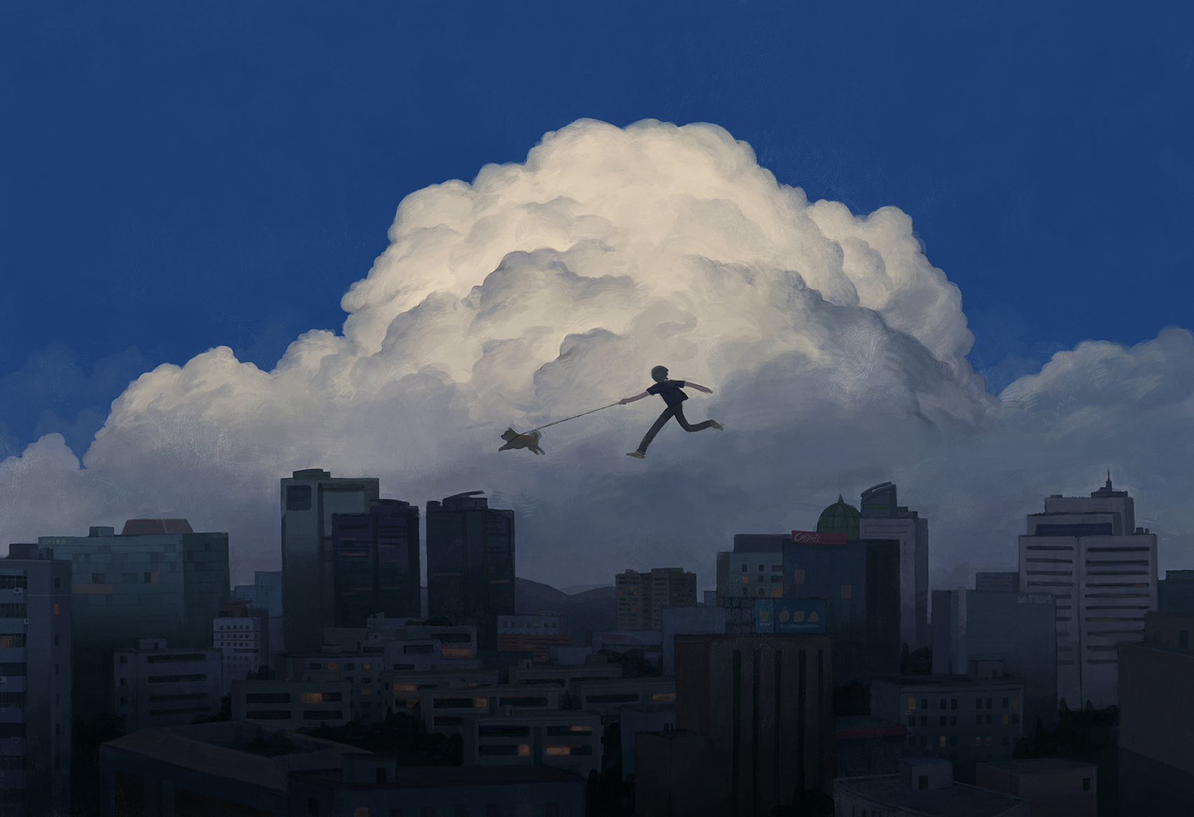 choidomart, original, highres, 1boy, atmospheric layer, cityscape, cloud, cloud focus, cool colored, dog, dusk, high up, holding, holding leash, leash, muted color, scenery, shiba inu, silhouette, sky, surreal, what, wide shot