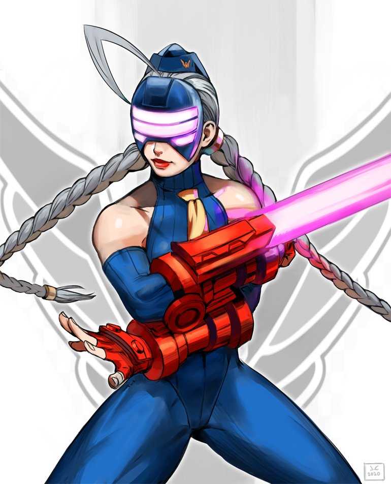 overlord jc, decapre, street fighter, street fighter v, 1girl, ahoge, arm blade, blue pantyhose, bracer, braid, cowboy shot, detached sleeves, fighting stance, fingerless gloves, garrison cap, gloves, glowing, grey hair, hands up, hat, huge ahoge, leotard, lipstick, long hair, makeup, mask, necktie, pantyhose, red gloves, red lips, ribbed leotard, shadaloo dolls, solo, twin braids, weapon, yellow necktie