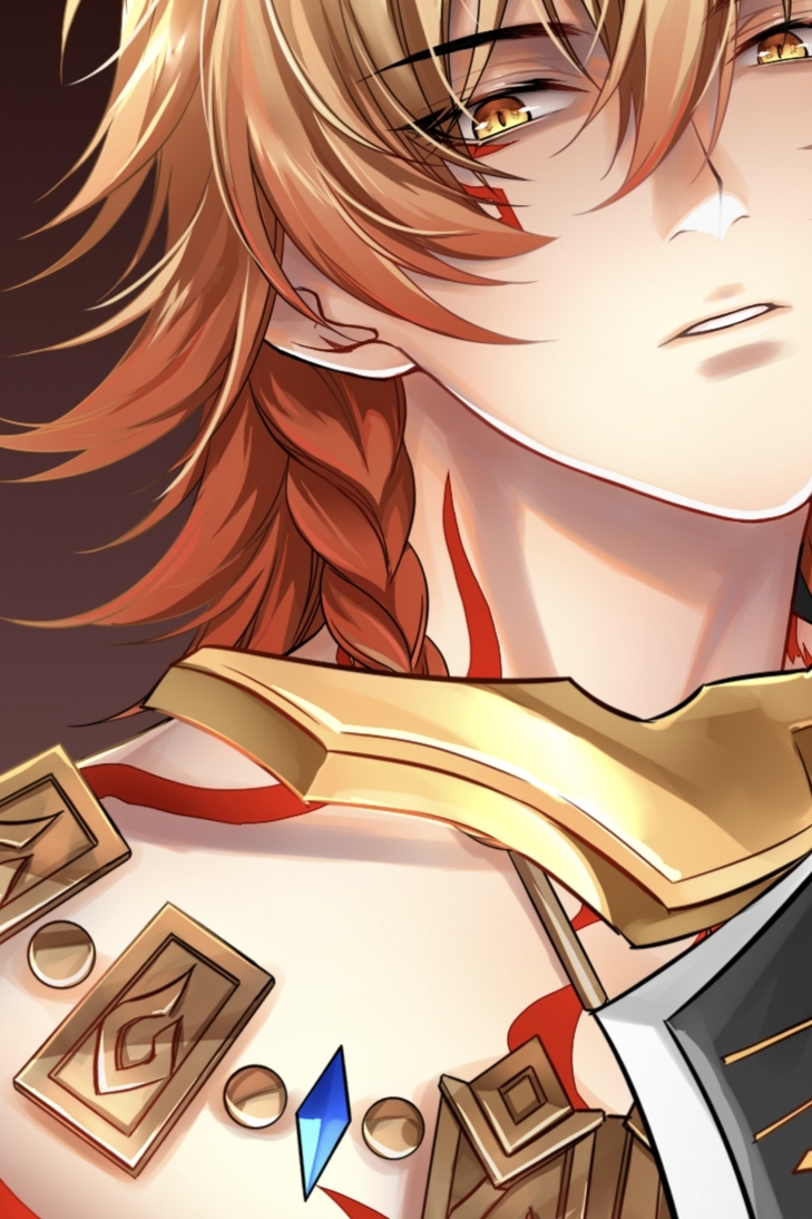 mydei (honkai: star rail), honkai: star rail, honkai (series), chinese commentary, commentary request, 1boy, arm tattoo, blonde hair, braid, chest tattoo, facial tattoo, gold necklace, gradient hair, jewelry, male focus, medium hair, miaowowo14940, multicolored hair, necklace, red hair, red tattoo, side braid, solo, tattoo, yellow eyes