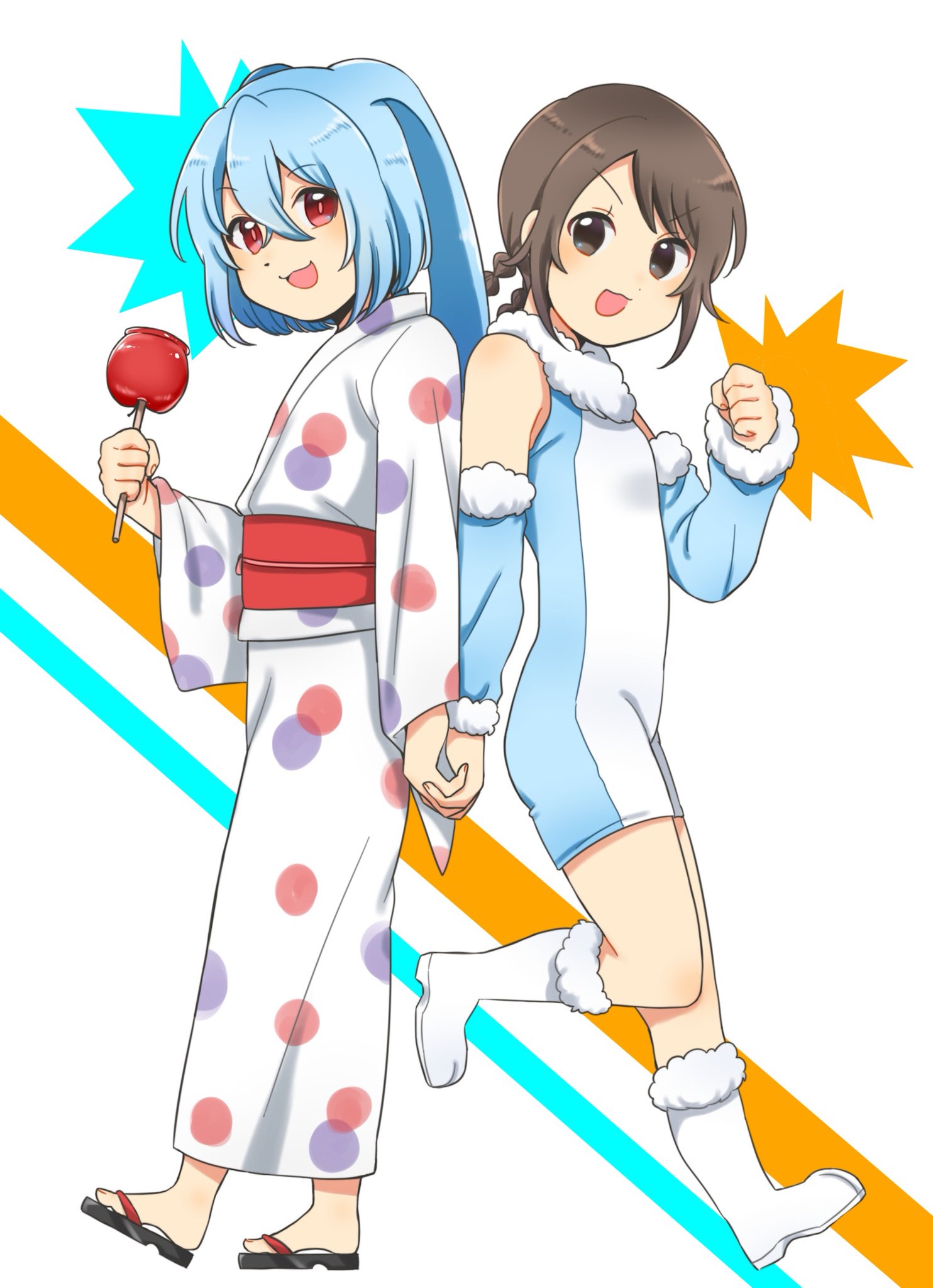 highres, 1boy, 1girl, black eyes, blue leotard, boots, candy apple, clenched hand, cosplay, detached sleeves, food, fur-trimmed sleeves, fur trim, holding, holding candy apple, holding food, holding hands, japanese clothes, karamorokoshi, kenma-kun, kenma-kun (cosplay), koushinism, leotard, mutsumikko, mutsumikko (cosplay), sandals, white boots