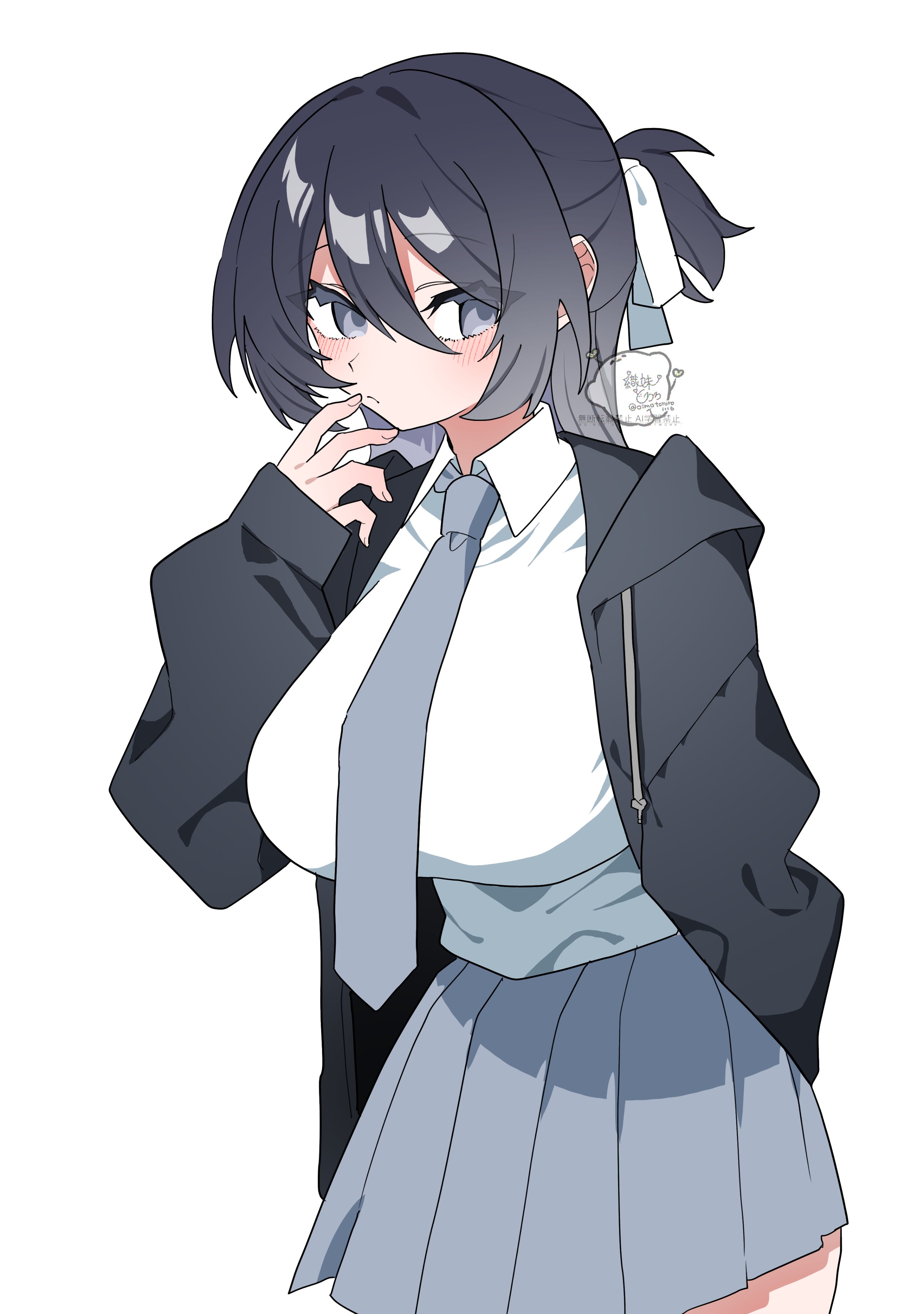 oimotororo1116, original, absurdres, highres, 1girl, arm behind back, arm up, black hair, black hoodie, blush, blush stickers, breasts, closed mouth, collared shirt, fingernails, grey eyes, grey necktie, grey skirt, hair between eyes, hair ribbon, hand up, hood, hoodie, large breasts, long hair, long sleeves, looking at viewer, looking to the side, necktie, open clothes, open hoodie, pleated skirt, ponytail, ribbon, school uniform, shirt, simple background, skirt, sleeves past wrists, solo, standing, thick eyelashes, tsurime, upper body, white background, white ribbon, white shirt, yuuka (oimotororo1116)