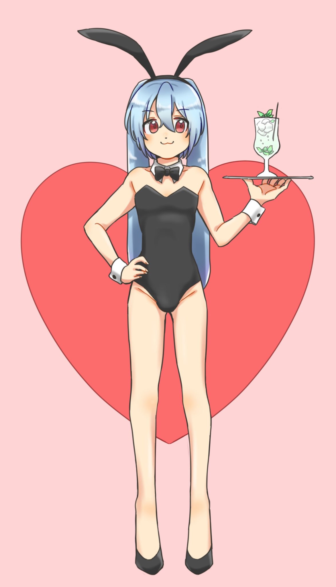 highres, 1boy, animal ears, blue hair, cup, drink, hair between eyes, high heels, holding, holding cup, karamorokoshi, kenma-kun, koushinism, long hair, looking at viewer, maid, male playboy bunny, neck ribbon, nontraditional playboy bunny, pumps, rabbit boy, red eyes, ribbon, snout