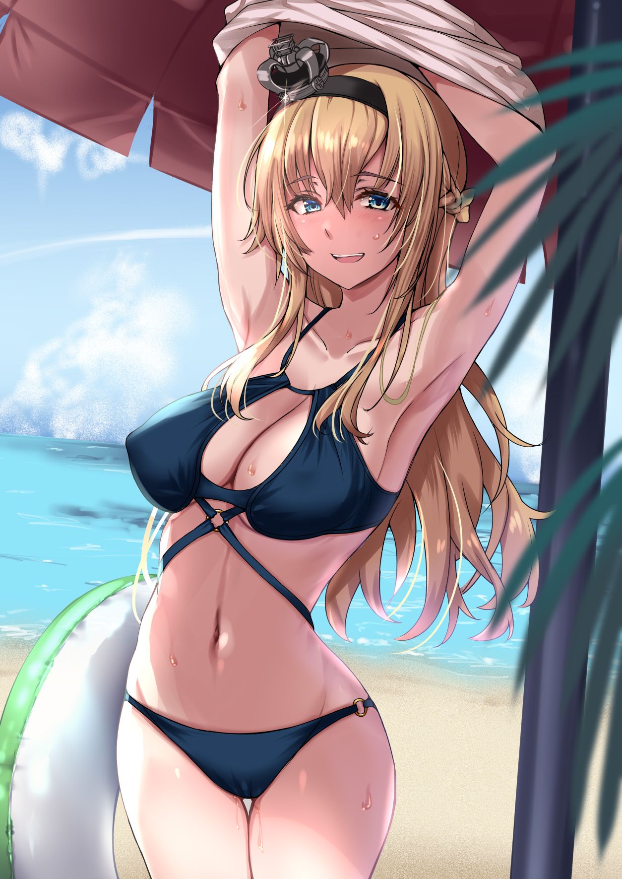 kuurunaitsu, warspite (kancolle), kantai collection, highres, 1girl, alternate costume, armpits, arms up, beach, bikini, blonde hair, blue bikini, blue eyes, braid, breasts, crown, day, hair between eyes, half up braid, large breasts, long hair, mini crown, navel, o-ring, o-ring bottom, o-ring top, outdoors, solo, swimsuit, very long hair