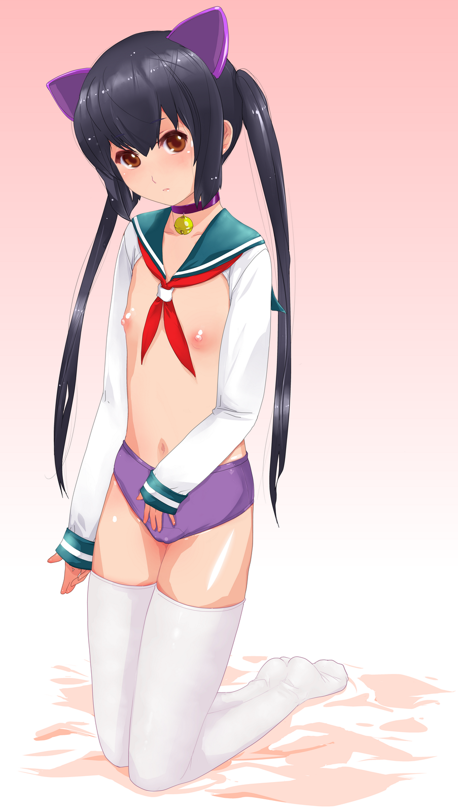 mine (peak), nakano azusa, k-on!, highres, 00s, 1girl, animal ears, bell, black hair, buruma, cat ears, collar, female focus, flat chest, loli, long hair, neck bell, nipples, school uniform, serafuku, solo, thighhighs, white thighhighs