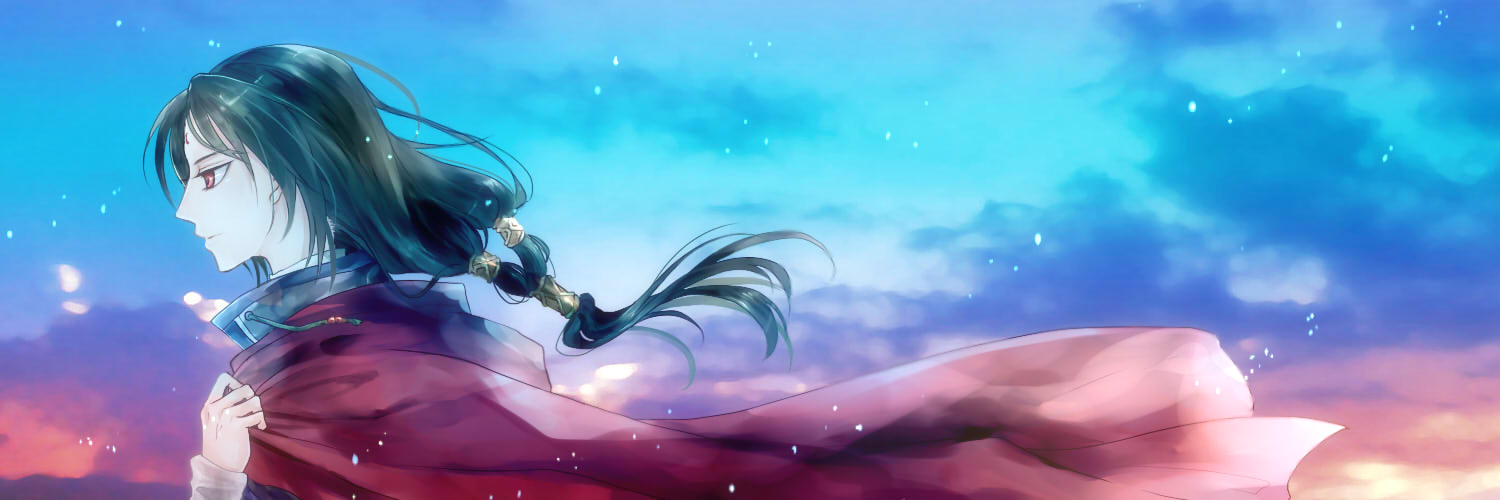 soren (fire emblem), fire emblem, fire emblem: radiant dawn, nintendo, commentary request, 1boy, cape, facial mark, forehead mark, long hair, male focus, outdoors, red cape, red eyes, saionji mno, sky, solo