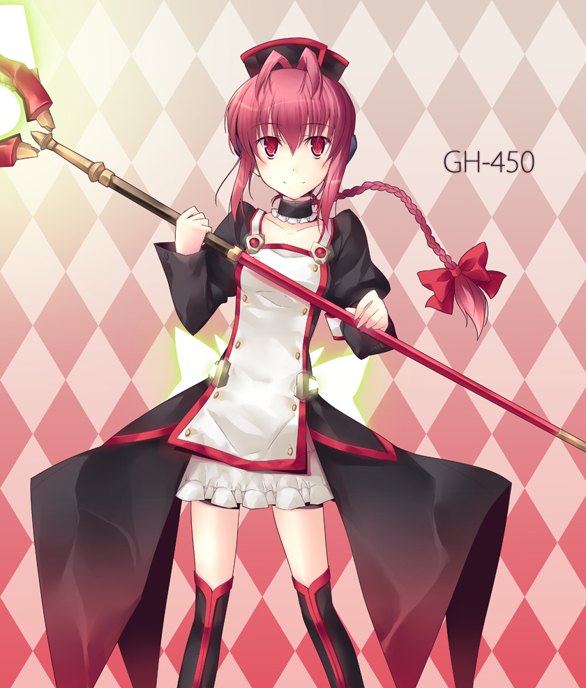 nu (plastic eraser), gh-450, phantasy star, phantasy star universe, 1girl, android, antenna hair, armband, black dress, blush, boots, bow, braid, character name, checkered background, choker, dress, energy weapon, female focus, flat chest, frilled skirt, frills, glowing, hair bow, hat, light smile, long hair, long sleeves, looking at viewer, partner machine, pink eyes, pink hair, ponytail, puffy sleeves, red eyes, red hair, red theme, robot ears, single braid, skirt, smile, solo, staff, standing, thigh boots, thighhighs, zettai ryouiki