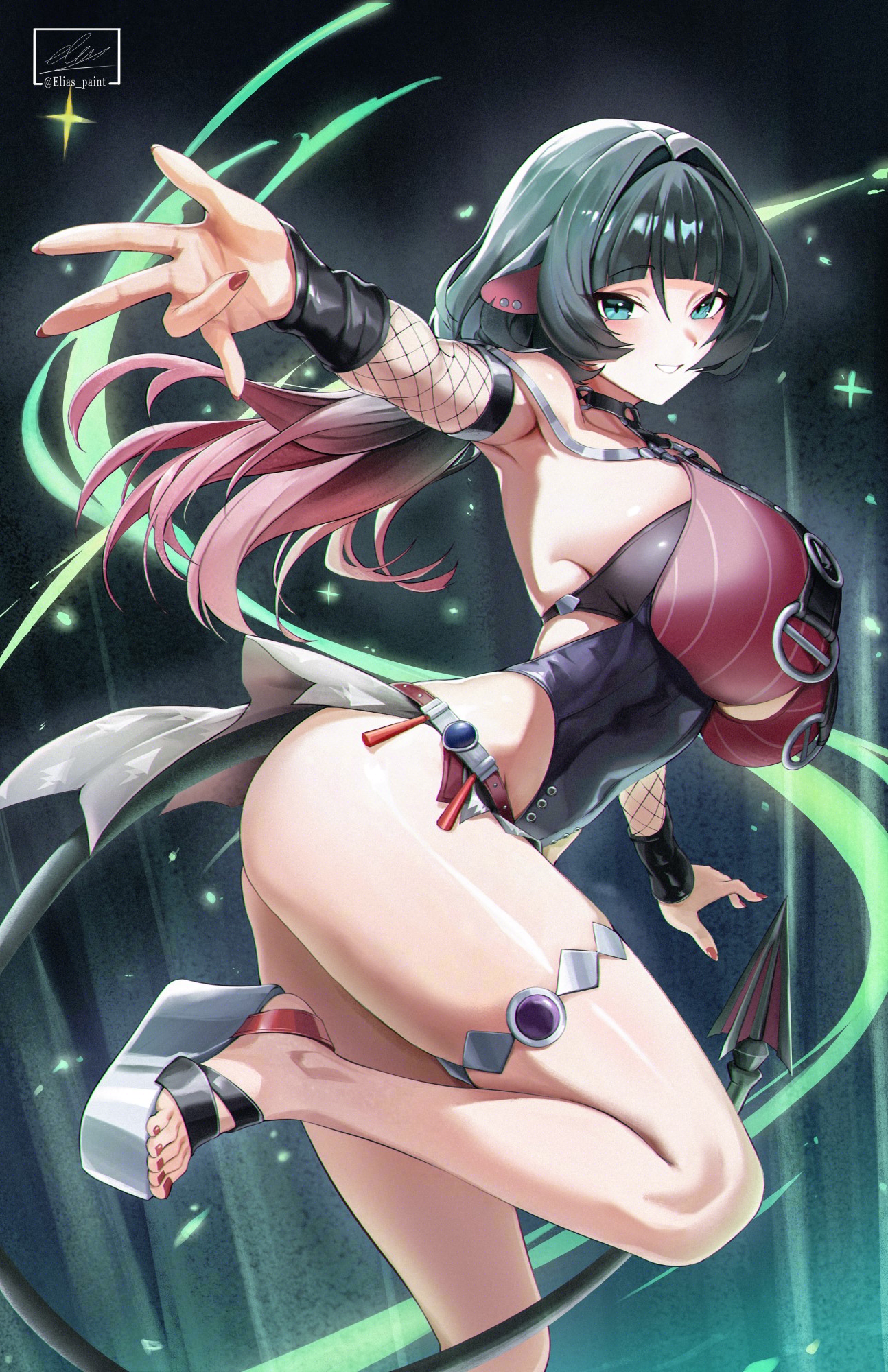 elias2art, jane doe (nocturne of light) (zenless zone zero), jane doe (zenless zone zero), zenless zone zero, commentary, english commentary, highres, 1girl, animal ears, aqua eyes, armpits, artist name, black background, black one-piece swimsuit, blunt bangs, breasts, choker, detached sleeves, fishnet sleeves, fishnets, floating hair, from side, gradient hair, grey hair, hair intakes, jewelry, large breasts, legs, light particles, light trail, long hair, looking at viewer, mouse ears, mouse girl, mouse tail, multicolored hair, nail polish, o-ring, o-ring choker, o-ring swimsuit, official alternate costume, one-piece swimsuit, open-toe shoes, outstretched arm, parted lips, platform sandals, red hair, red nails, red one-piece swimsuit, sandals, sideboob, sidelocks, signature, silver thighlet, smile, solo, sparkle, standing, standing on one leg, swimsuit, tail, thighlet, thighs, toenail polish, toenails, two-tone one-piece swimsuit
