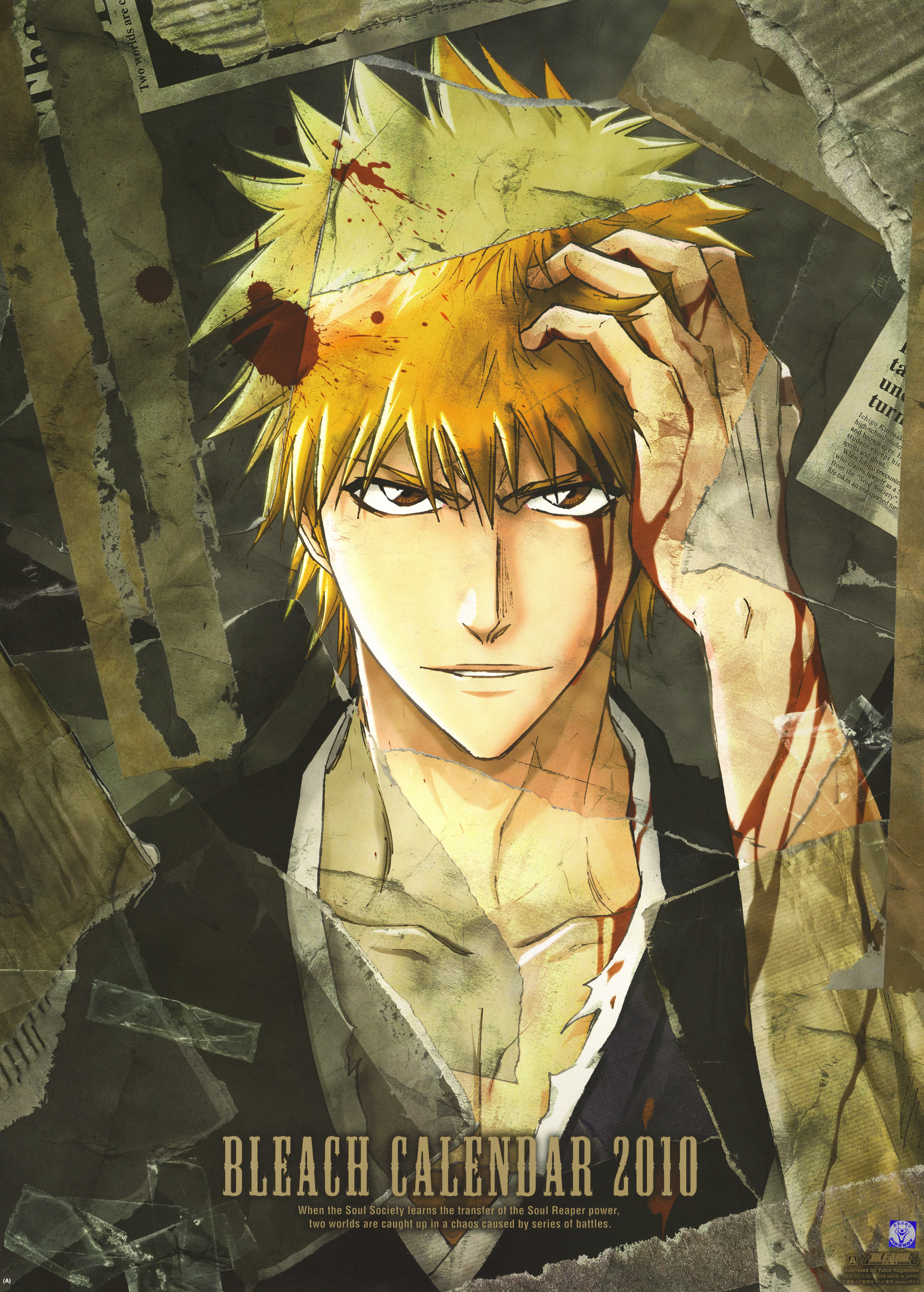 kurosaki ichigo, bleach, absurdres, highres, official art, scan, 00s, blood, calendar, male focus, orange hair