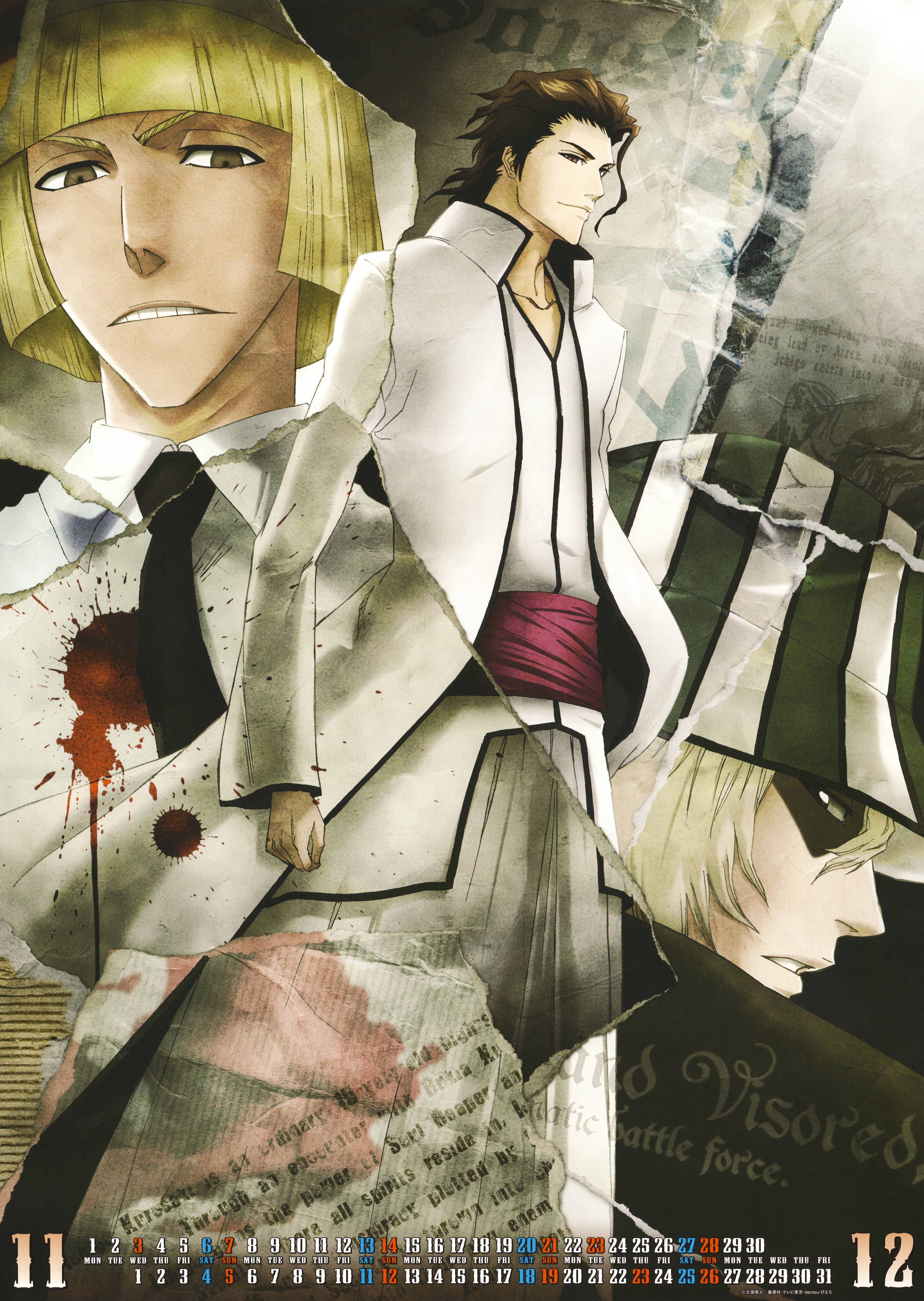 aizen sousuke, hirako shinji, urahara kisuke, bleach, black neckwear, absurdres, highres, official art, scan, 00s, 3boys, blonde hair, blood, bob cut, brown eyes, brown hair, calendar, english text, hat, looking at viewer, male focus, multiple boys, necktie, shirt, splatter, white shirt