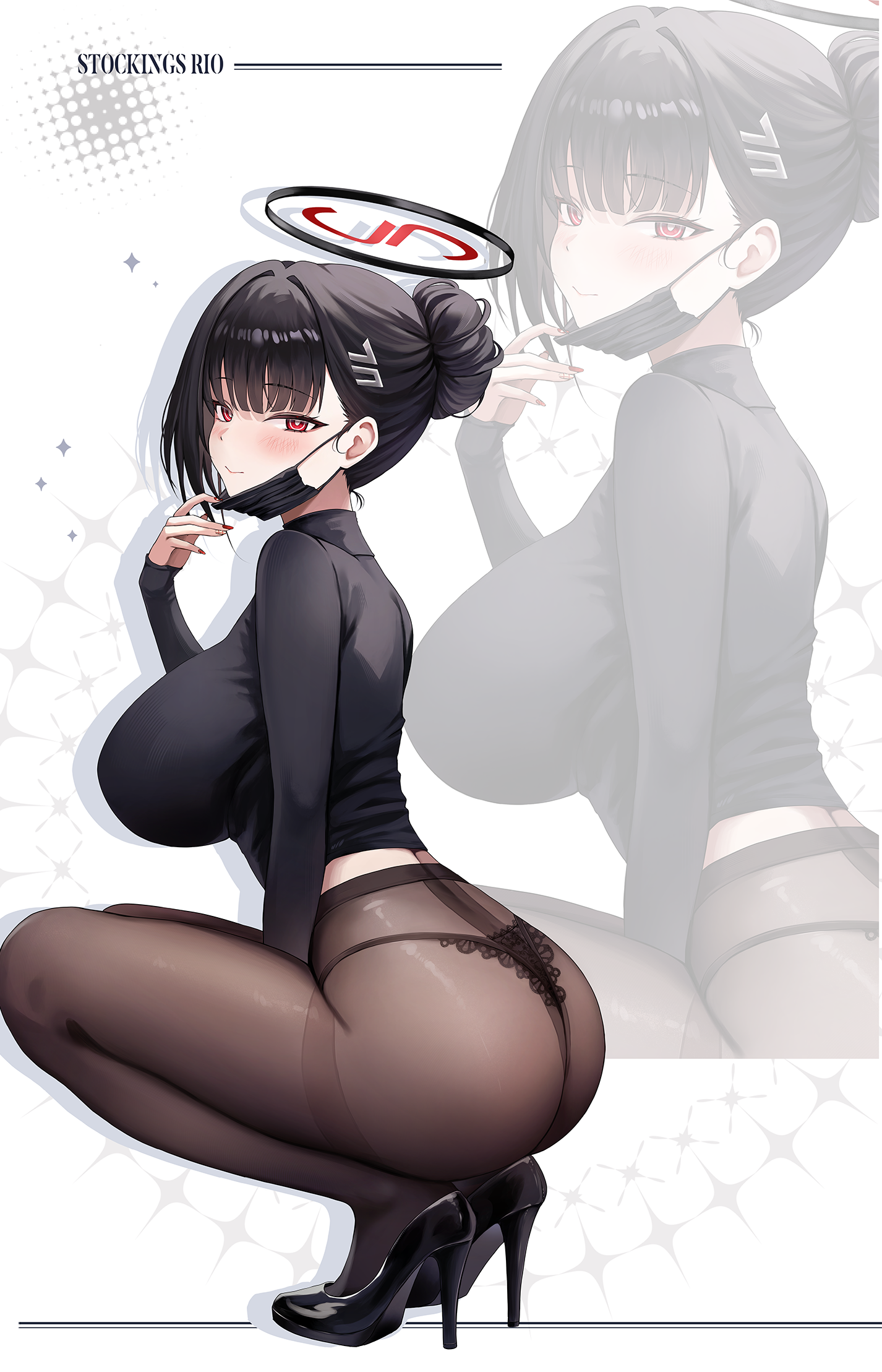 kottungyang, rio (blue archive), blue archive, highres, 1girl, alternate costume, alternate hair length, alternate hairstyle, ass, black hair, black panties, black pantyhose, black shirt, black shoes, blush, breasts, bright pupils, closed mouth, fingernails, full body, hand up, high heels, lace, lace-trimmed panties, lace trim, large breasts, long hair, long sleeves, looking at viewer, mask, mask pull, mouth mask, nail polish, panties, panties under pantyhose, pantyhose, red eyes, red nails, shirt, shoes, smile, squatting, underwear, zoom layer