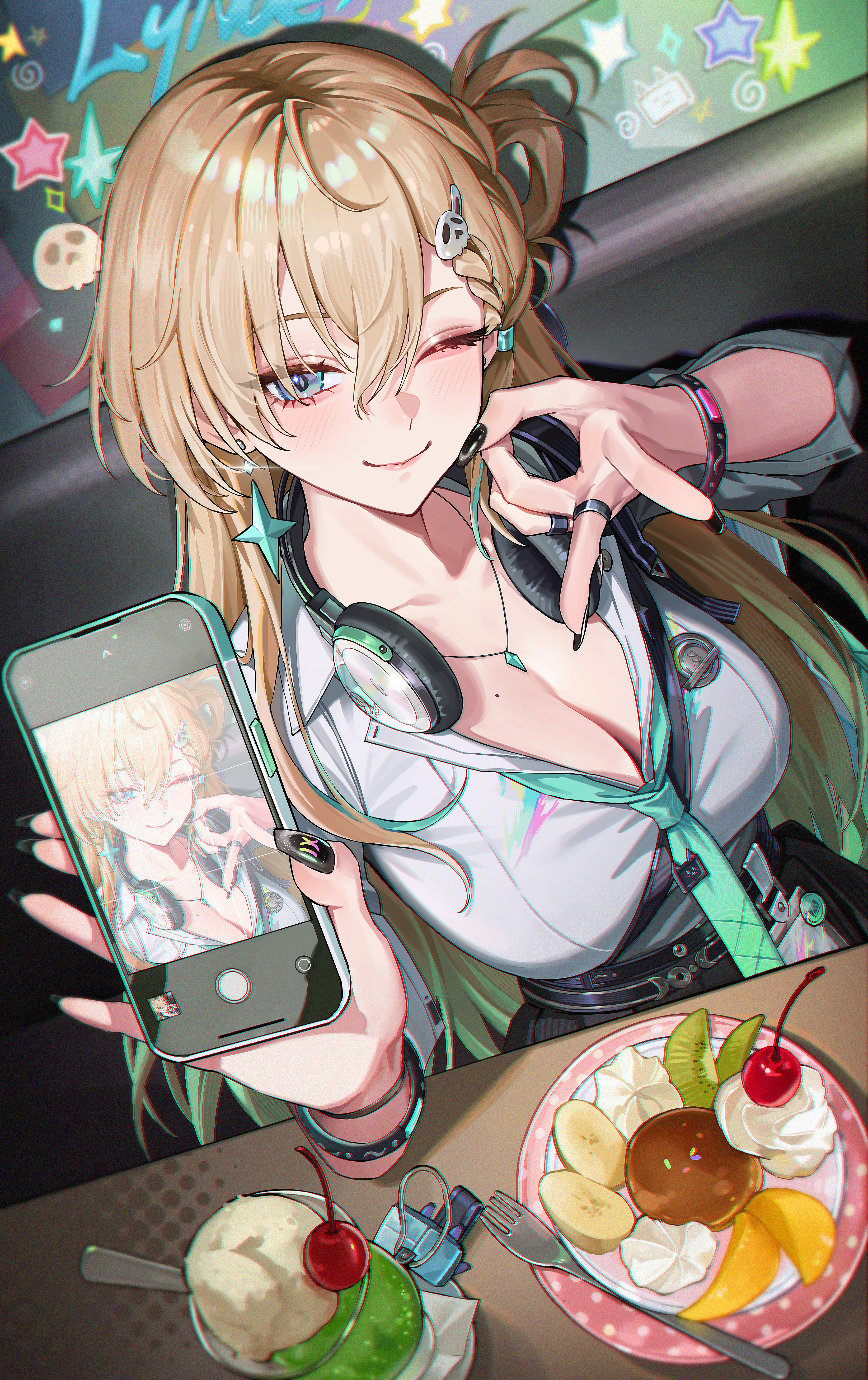 rhtkd, lynae (wuthering waves), wuthering waves, absurdres, commentary, highres, symbol-only commentary, 1girl, black nails, blonde hair, blue eyes, braid, braided bangs, breasts, cellphone, cellphone charm, charm (object), cherry, cleavage, closed mouth, collarbone, cookie, dessert, dutch angle, earrings, fingernails, food, fruit, hair between eyes, hair ornament, headphones, headphones around neck, holding, holding phone, ice cream, ice cream float, id card, jewelry, large breasts, long fingernails, long hair, looking at viewer, mole, nail polish, necklace, one eye closed, phone, recursion, selfie, shirt, shirt tucked in, skull hair ornament, smartphone, smile, solo, star (symbol), star earrings, whipped cream, white shirt