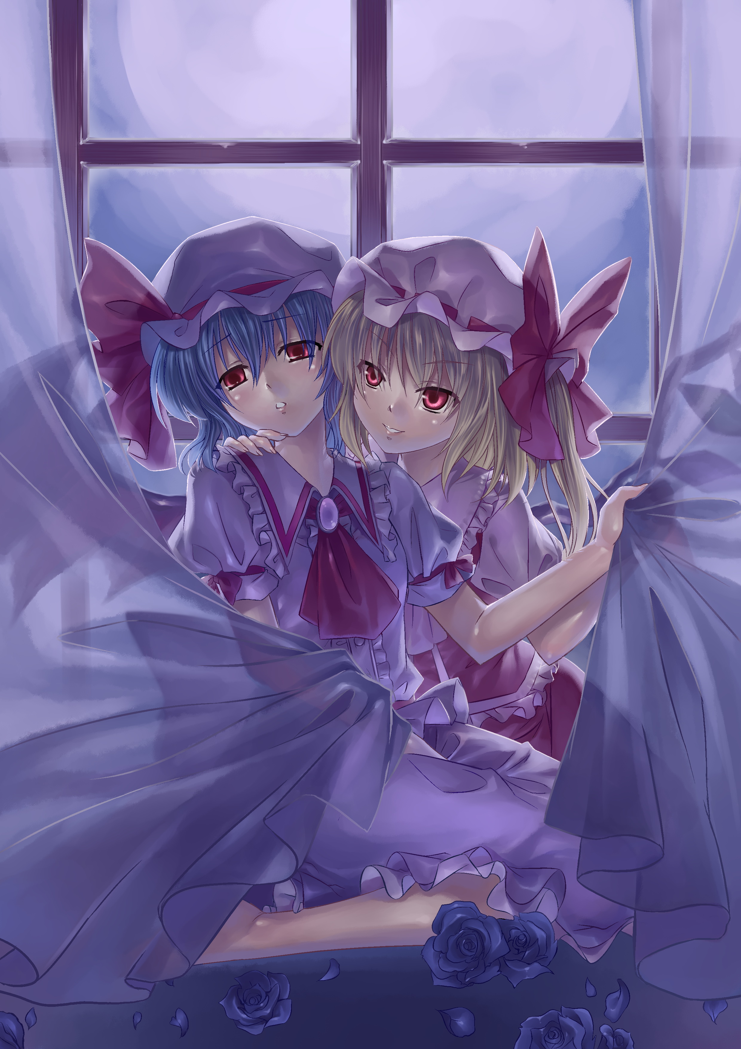 flyx2, flandre scarlet, remilia scarlet, touhou, absurdres, bad id, bad pixiv id, highres, 2girls, bat wings, blonde hair, blue hair, curtains, female focus, flower, hat, indoors, multiple girls, plant, red eyes, rose, short hair, siblings, side ponytail, sisters, sitting, sky, window, wings