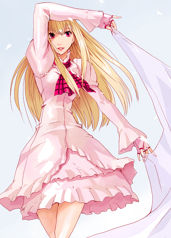 akito, emilie de rochefort, namco, tekken, 1girl, blonde hair, dress, female focus, fingerless gloves, gloves, long hair, pink dress, pink skirt, red eyes, skirt, smile, solo