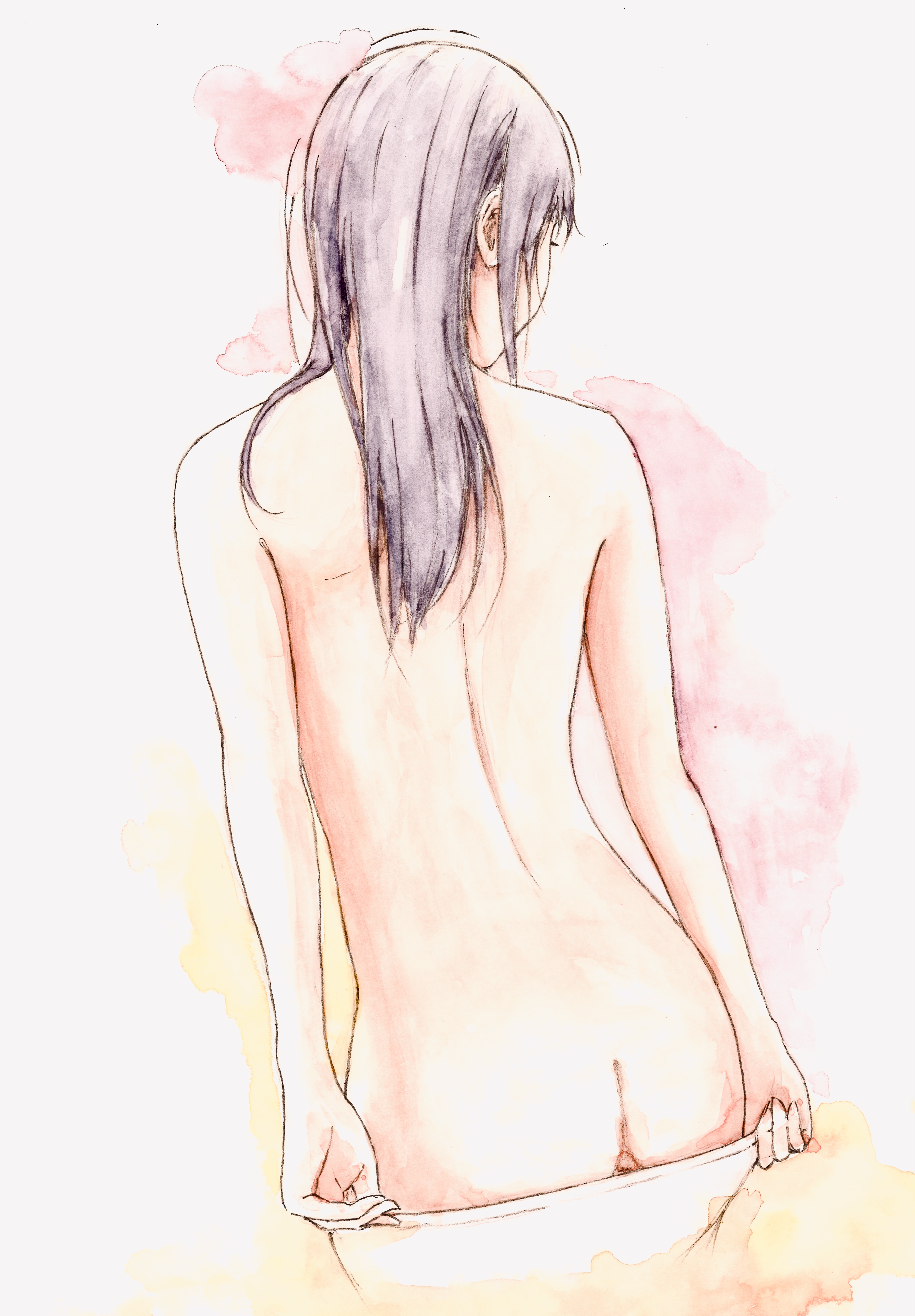 bbmasa, yoroizuka mizore, hibike! euphonium, liz to aoi tori, absurdres, commentary request, highres, traditional media, 1girl, ass, back, bare back, black hair, butt crack, cowboy shot, from behind, long hair, median furrow, panties, panty pull, pulling own clothes, shoulder blades, solo, topless female, underwear, white panties