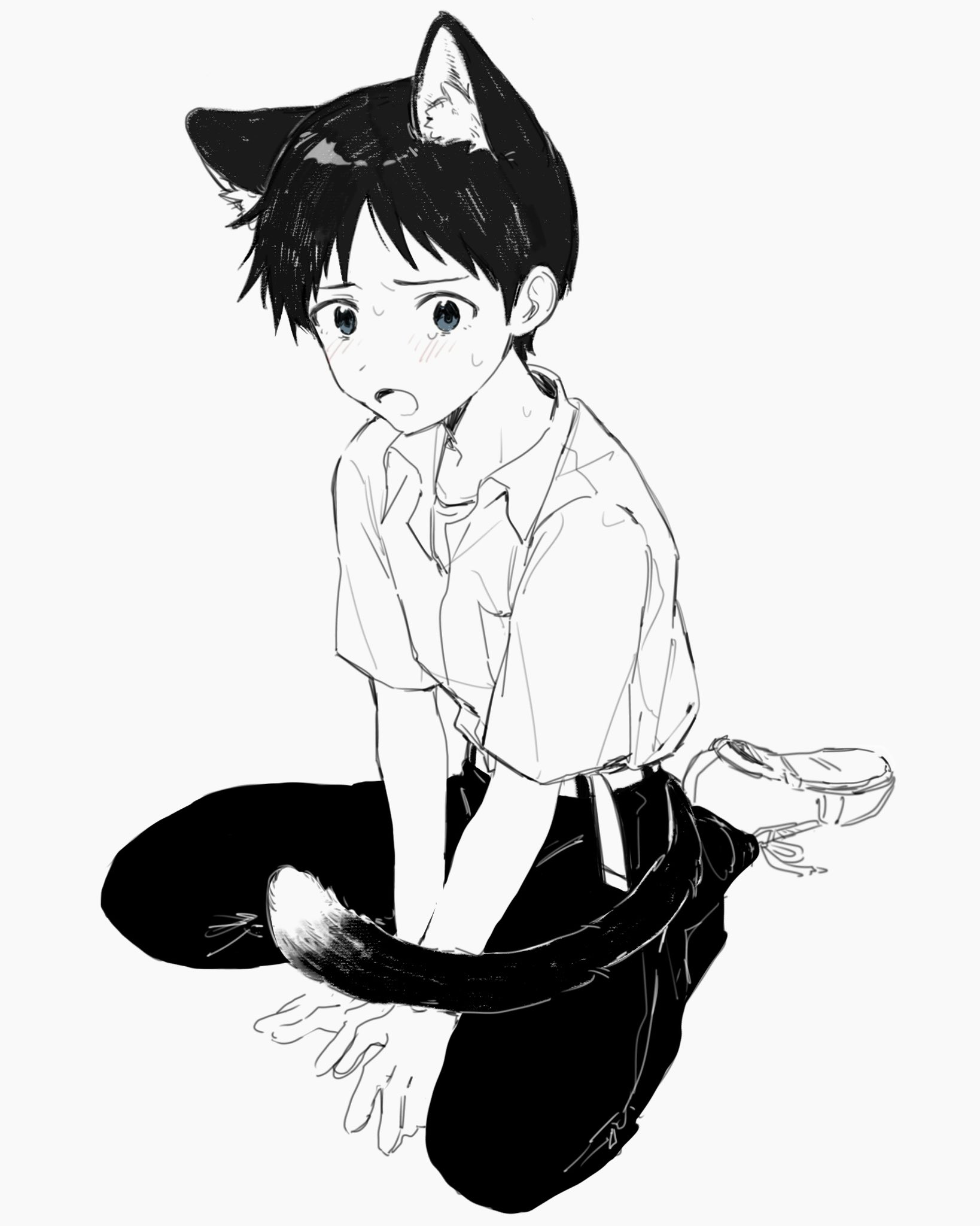 ikari shinji, neon genesis evangelion, commentary request, highres, 1boy, animal ears, arms between legs, belt, blue eyes, blush, cat boy, cat ears, cat tail, collared shirt, full body, greyscale, m3gris3, male focus, monochrome, open mouth, pants, pocket, school uniform, shirt, shirt tucked in, shoes, short sleeves, simple background, sitting, solo, spot color, sweat, tail, tokyo-3 middle school uniform, wariza, white background