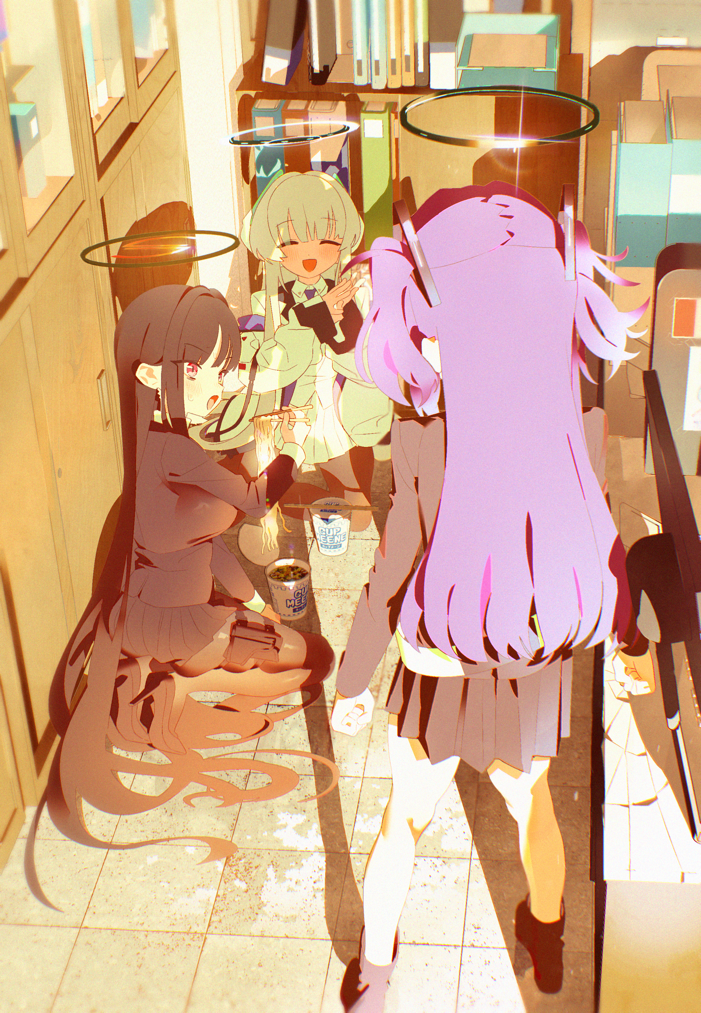 bm tol, noa (blue archive), rio (blue archive), yuuka (blue archive), blue archive, absurdres, commentary, highres, 3girls, ^ ^, black hair, black jacket, black pantyhose, black skirt, blush, chopsticks, closed eyes, facing another, grey hair, halo, headgear, high heels, holding, holding chopsticks, holster, indoors, instant cup noodles, instant noodles, jacket, kneeling, long hair, miniskirt, multiple girls, own hands together, pantyhose, pleated skirt, purple hair, seminar (blue archive), skirt, slice of life, smile, standing, straight hair, thigh holster, tile floor, tiles, two side up, very long hair