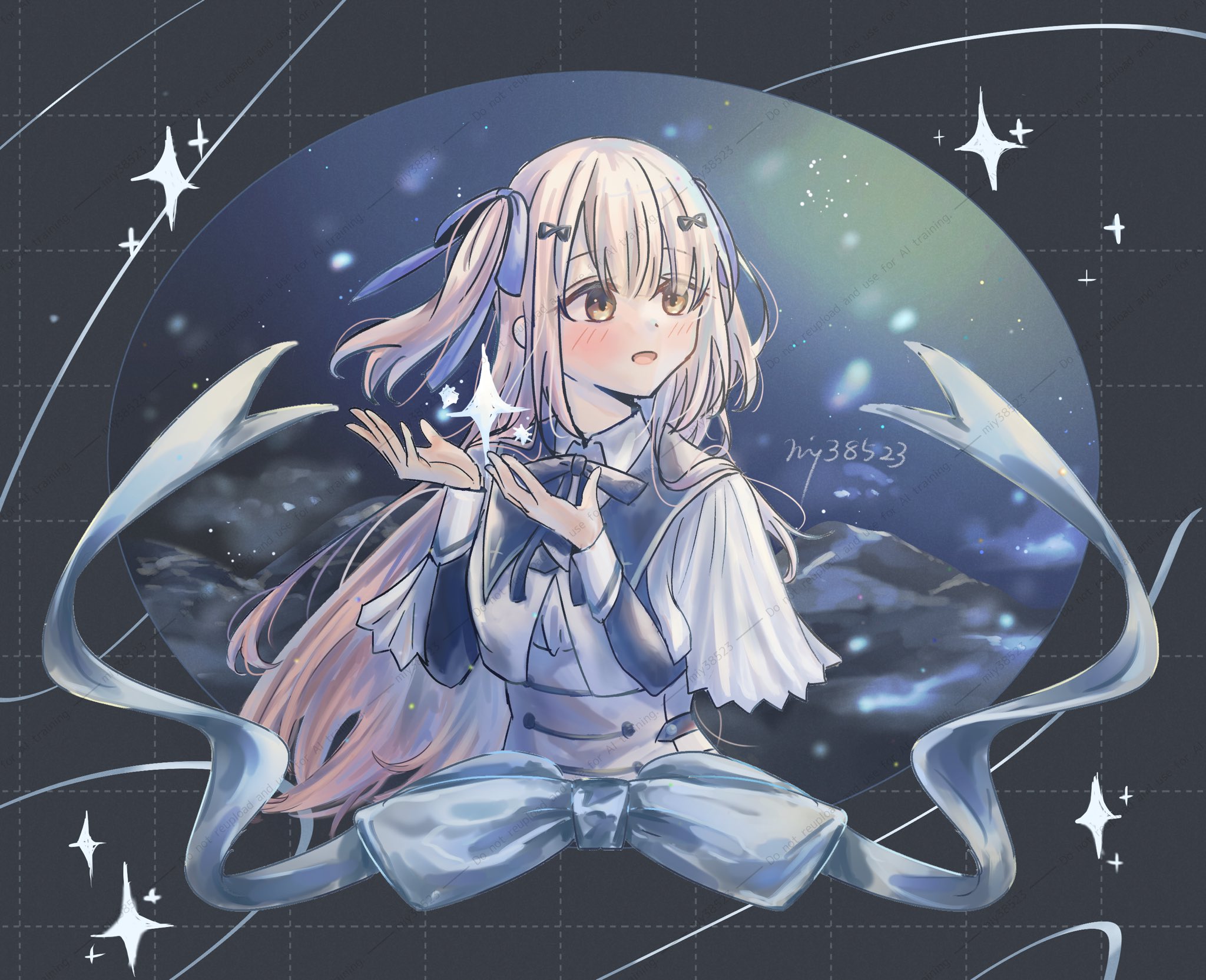 ookawa miya, assault lily, commentary, highres, symbol-only commentary, 1girl, black background, blue bow, blue ribbon, blush, bow, brown hair, capelet, cropped jacket, grid background, hair ornament, hair ribbon, hairclip, hands up, light particles, long hair, long sleeves, looking ahead, looking to the side, night, open mouth, outdoors, outside border, ribbon, round image, school uniform, shirt, smile, solo, sparkle, tada shiera, twitter username, two side up, underbust, upper body, very long hair, watermark, white capelet, white shirt, yellow eyes, yurigaoka girls academy school uniform
