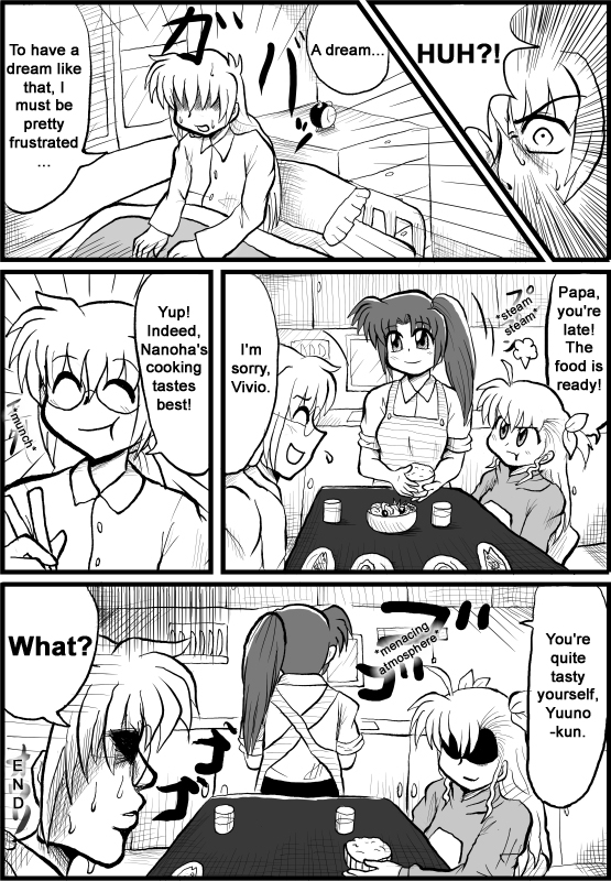 enokuma uuta, takamachi nanoha, vivio, yuuno scrya, lyrical nanoha, mahou shoujo lyrical nanoha, mahou shoujo lyrical nanoha strikers, translated, 00s, 1boy, 2girls, comic, greyscale, monochrome, multiple girls
