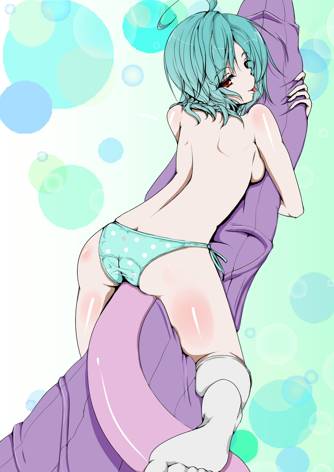 binchou, rozikku, tatara kogasa, touhou, highres, 1girl, :p, ass, blue hair, breasts, butt crack, feet, female focus, karakasa obake, panties, red eyes, sexually suggestive, short hair, side-tie panties, sideboob, socks, solo, tongue, tongue out, umbrella, underwear