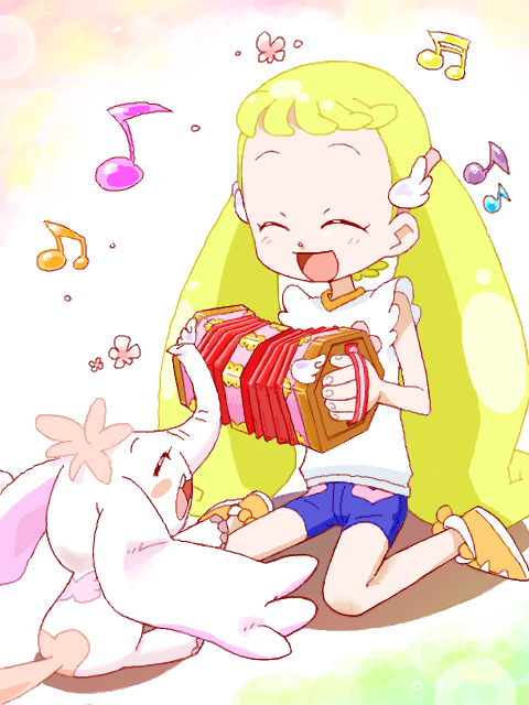 oimossamu, pao, makihatayama hana, pao-chan, ojamajo doremi, 1girl, ^ ^, accordion, blonde hair, child, closed eyes, elephant, female focus, happy, instrument, long hair, musical note, shoes, shorts, sitting, sneakers, solo, twintails, very long hair